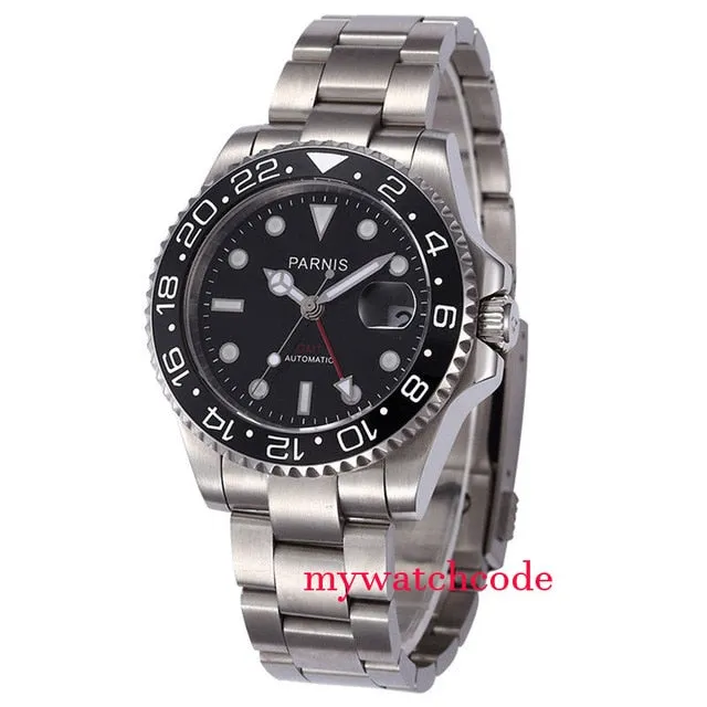 Parnis Mechanical Black Red Ceramic Bezel GMT Automatic Mens Watch