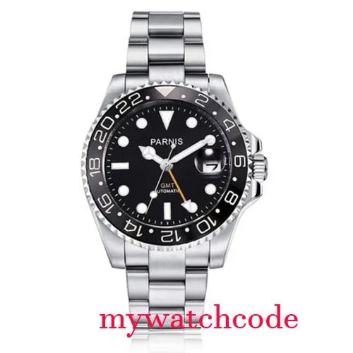 Parnis Mechanical Black Red Ceramic Bezel GMT Automatic Mens Watch