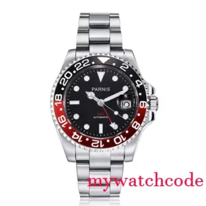 Parnis Mechanical Black Red Ceramic Bezel GMT Automatic Mens Watch