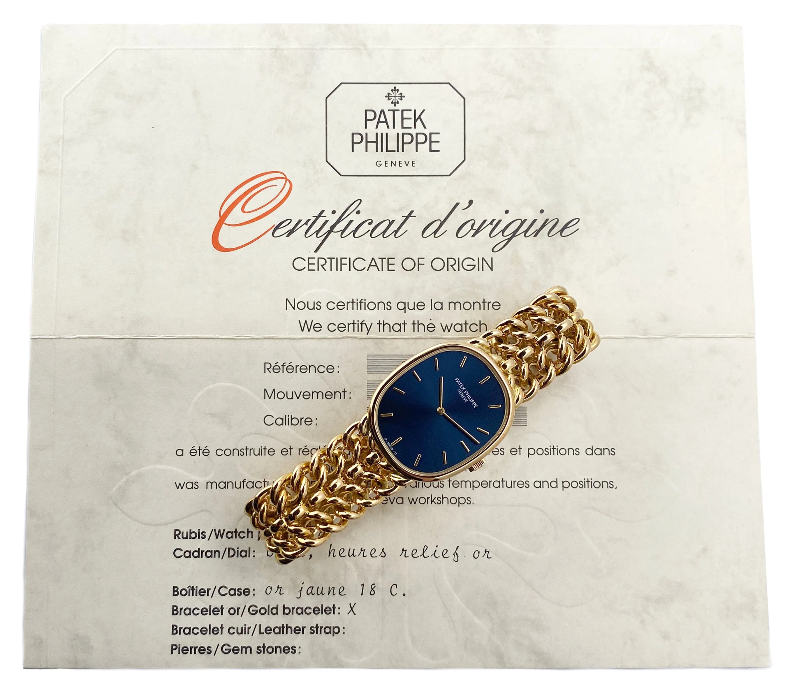 Patek Philippe Ellipse 3848/019 Blue Dial 18K Yellow Gold Ladies Watch With Papers