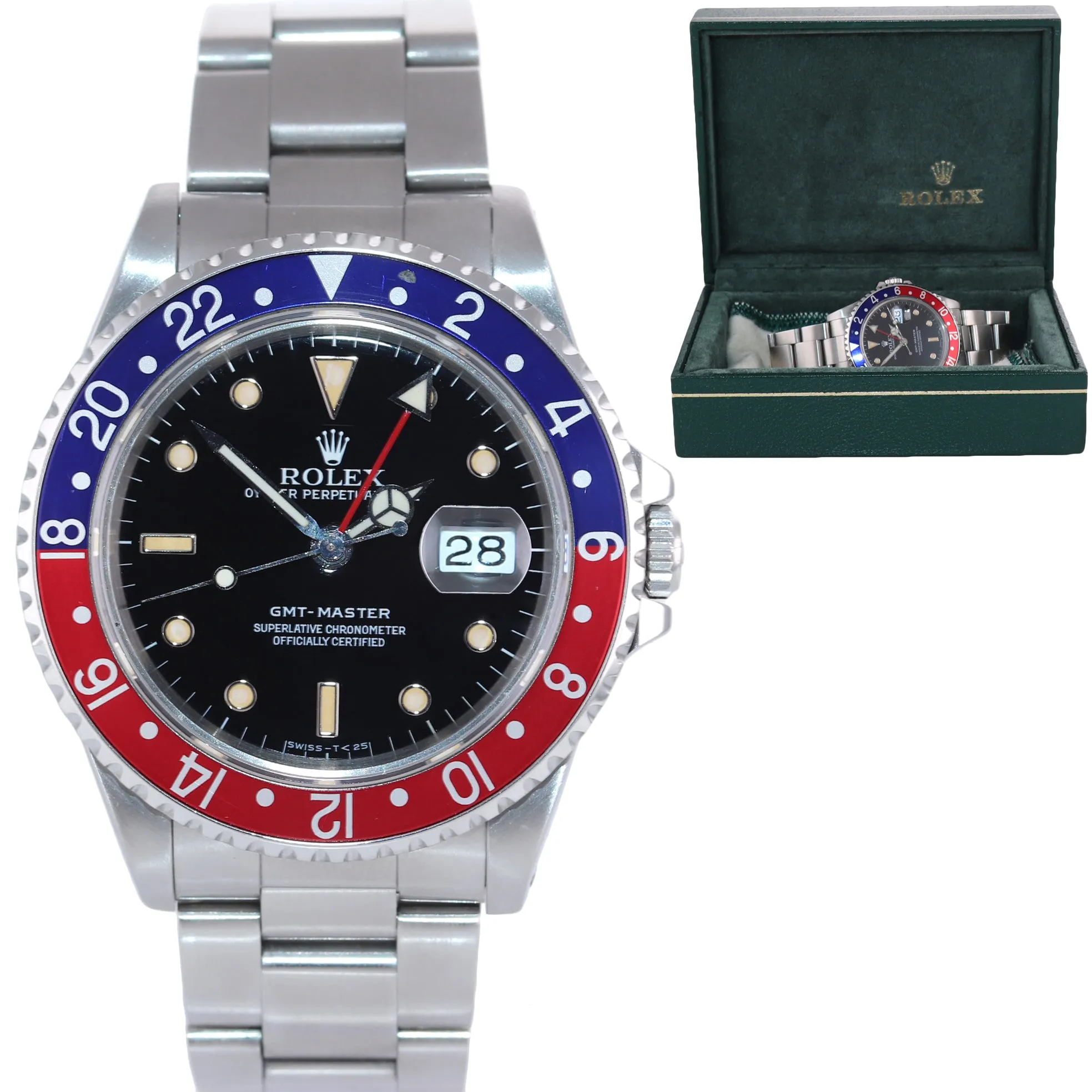 PATINA Rolex GMT-Master Tritium Pepsi Blue Red Steel 40mm Watch 16700 Box
