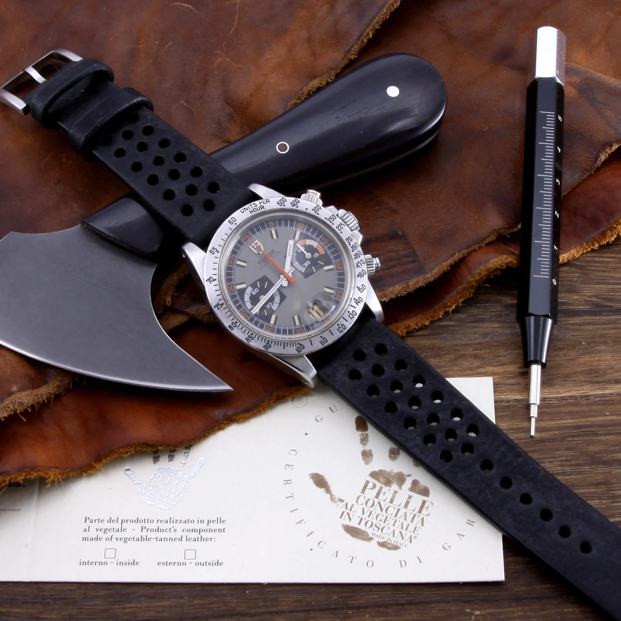 Rally Leather Watch Strap, Vintage Nero (Black) | Stitch-less