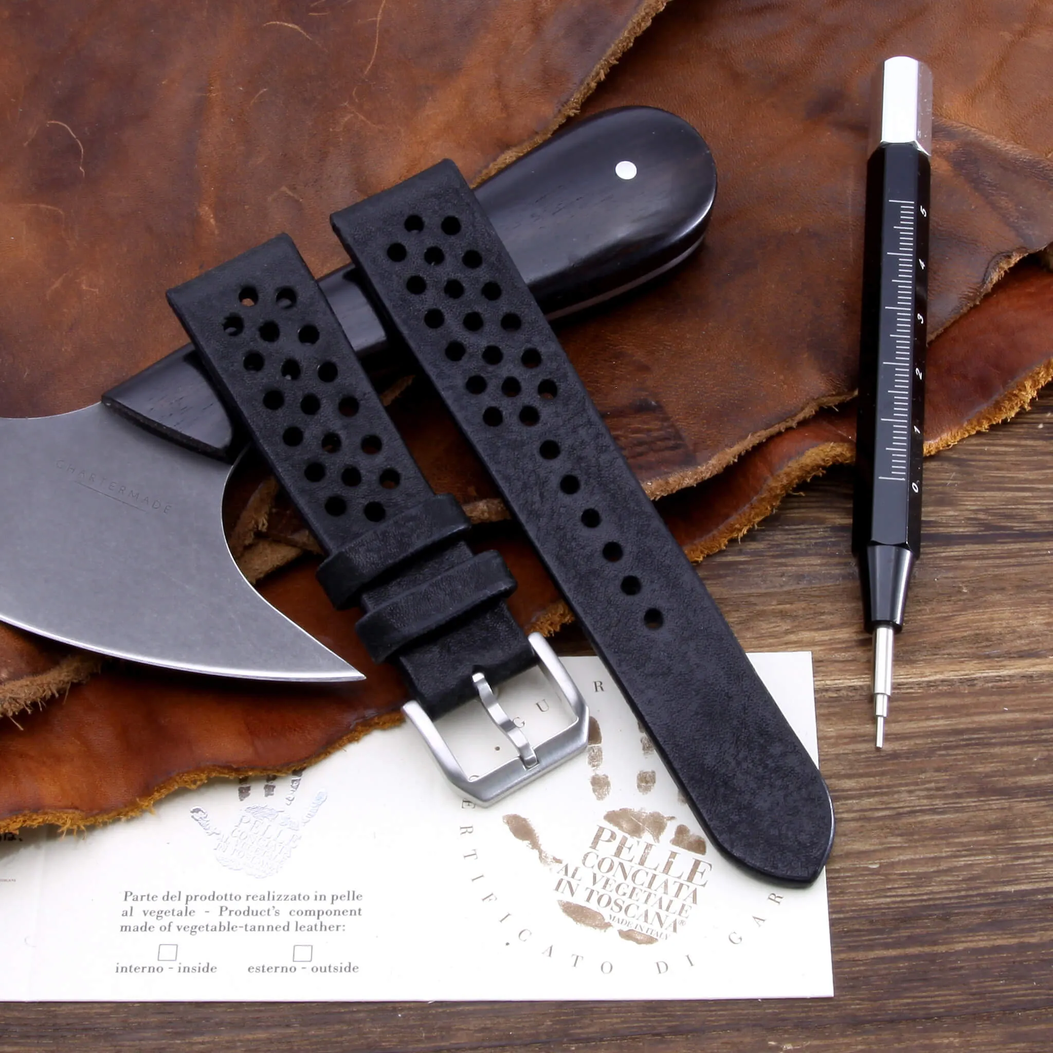 Rally Leather Watch Strap, Vintage Nero (Black) | Stitch-less