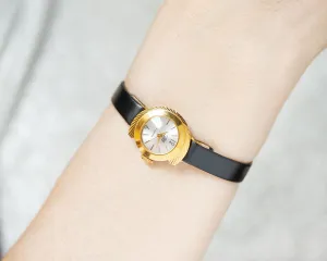 Rare women watch Dawn unused gold plated gift, vintage women wristwatch gift, swirl trim lady watch delicate, new premium leather band