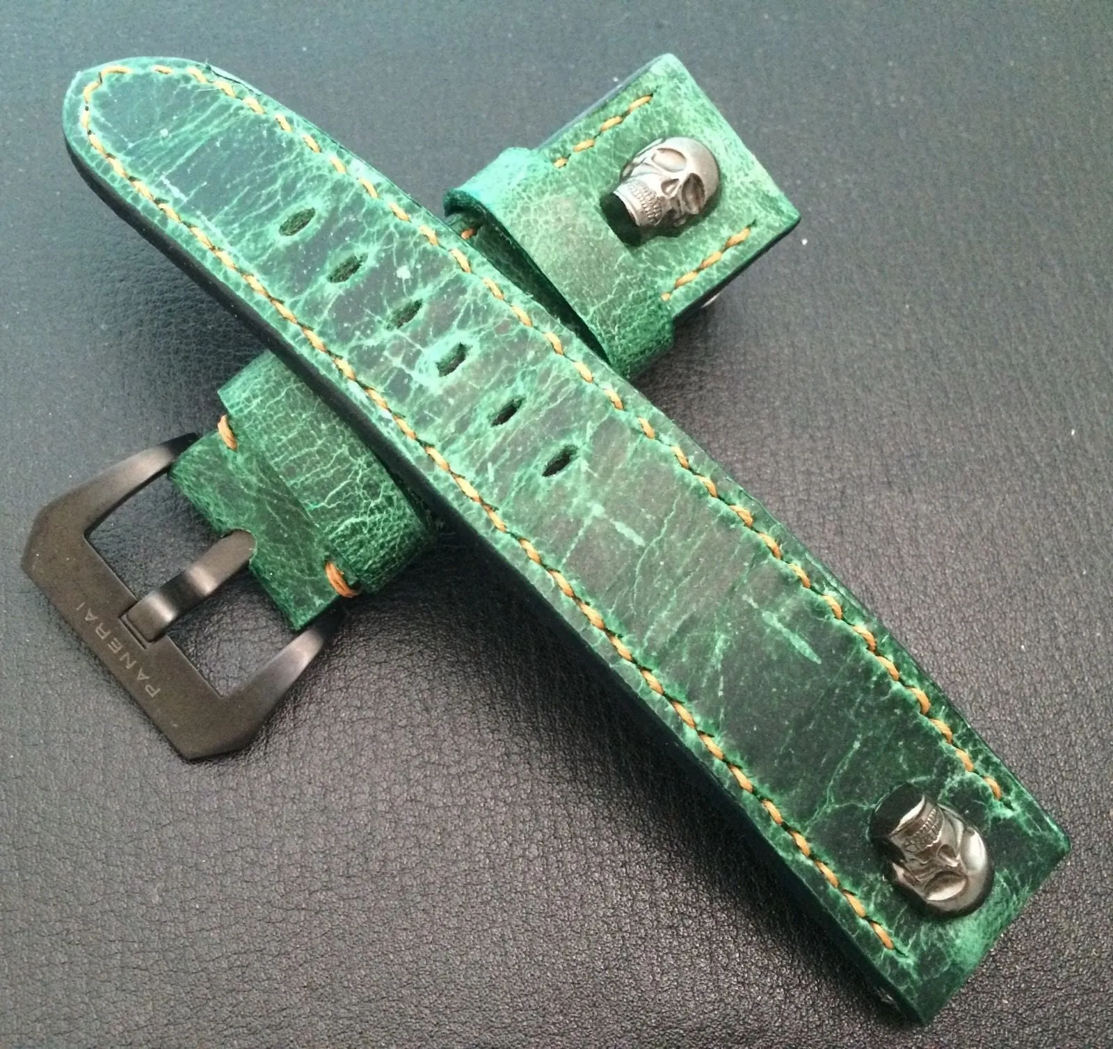 Real Leather Strap for Panerai watches (Gradual Green) 24mm/22mm - W Metal Skull