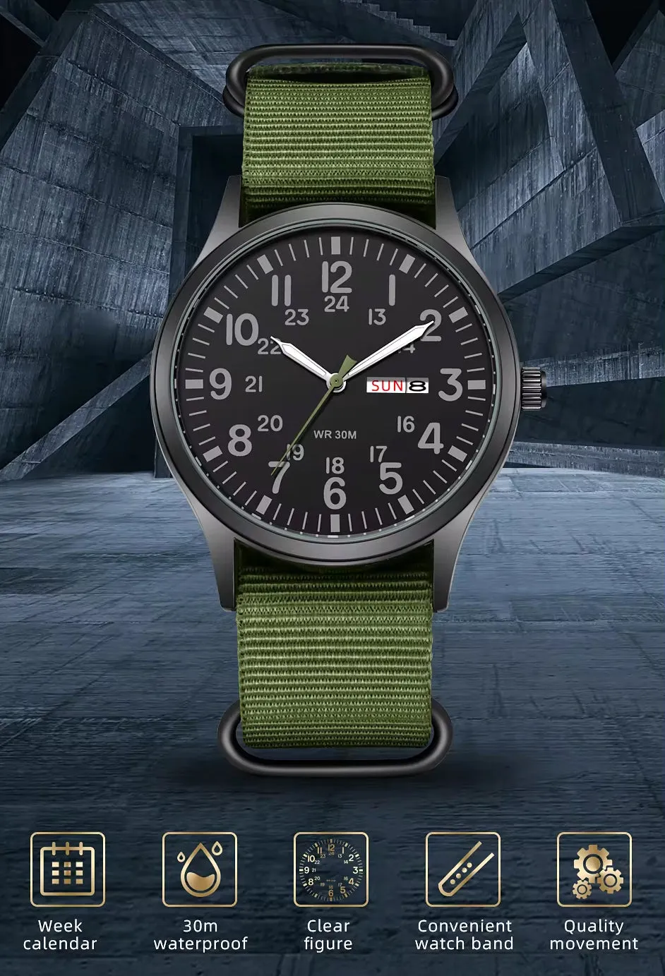 RECON GS2 Slimline Stainless Steel Military Watch - Day and Date Function including  NATO Watch Band