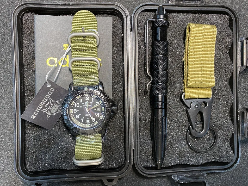 RECON GS2U Tactical Rotatable Bezel Watch, NATO Band PLUS Tactical Pen & MOLLE Hook Set