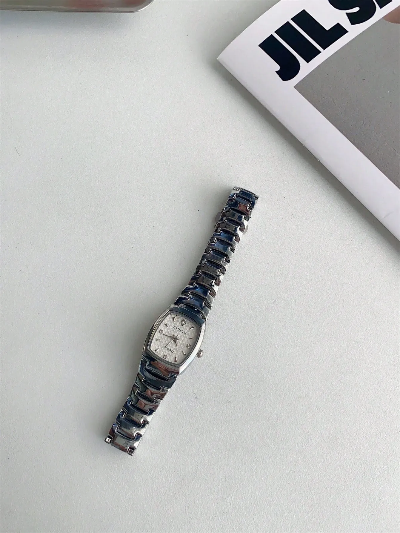 Rectangular Stainless Steel Strap White Dial Quartz Watch