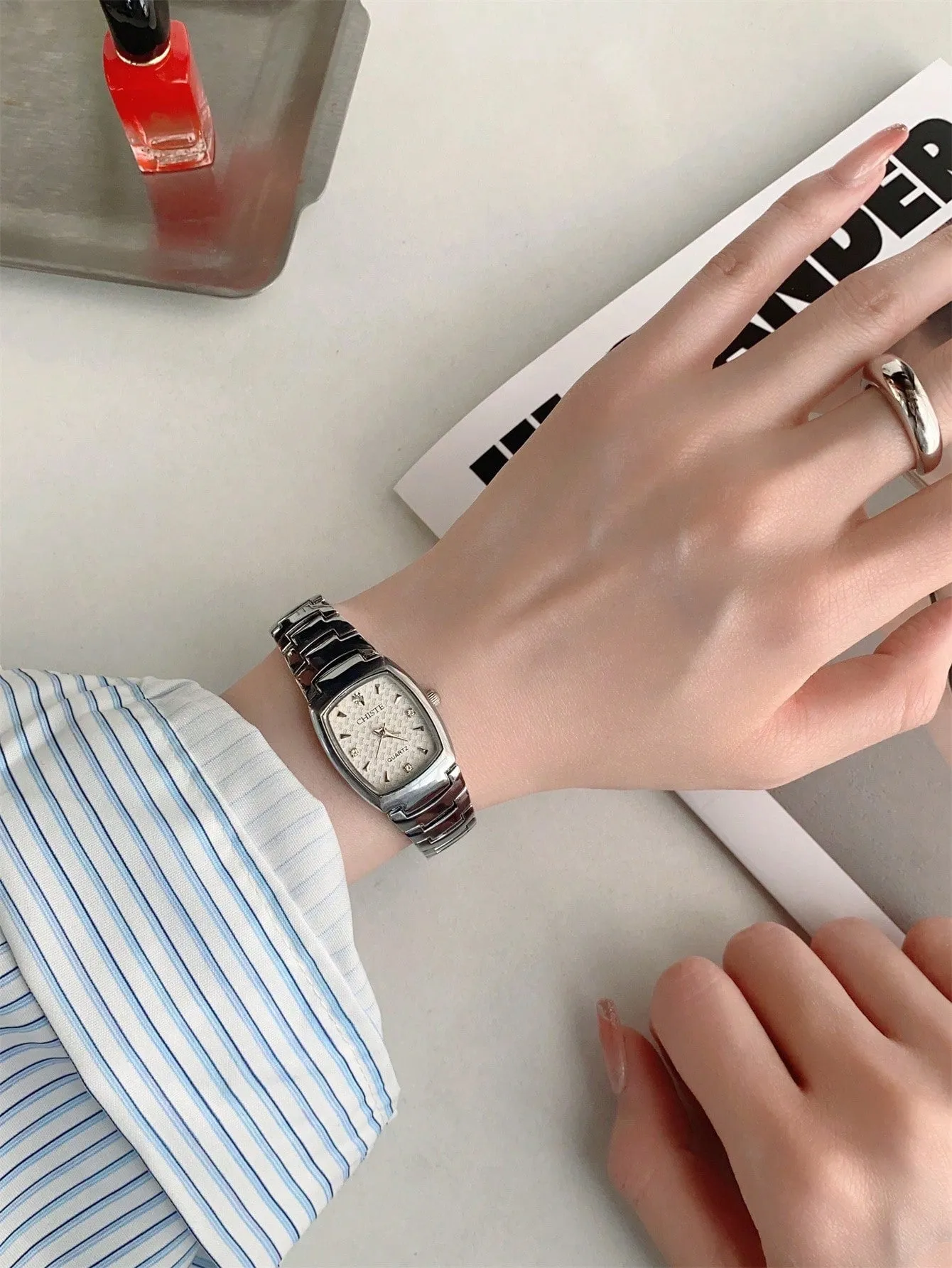 Rectangular Stainless Steel Strap White Dial Quartz Watch