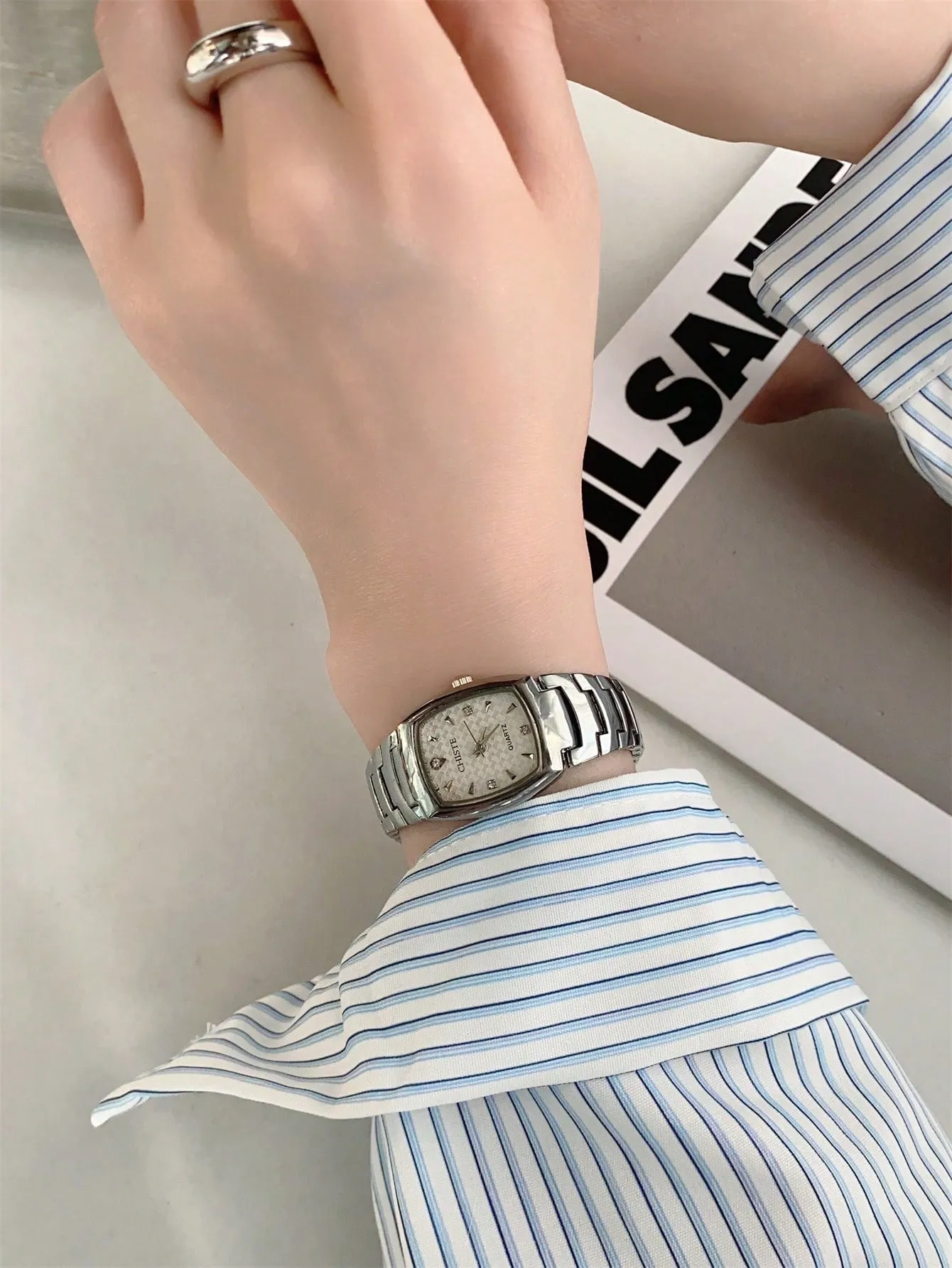 Rectangular Stainless Steel Strap White Dial Quartz Watch
