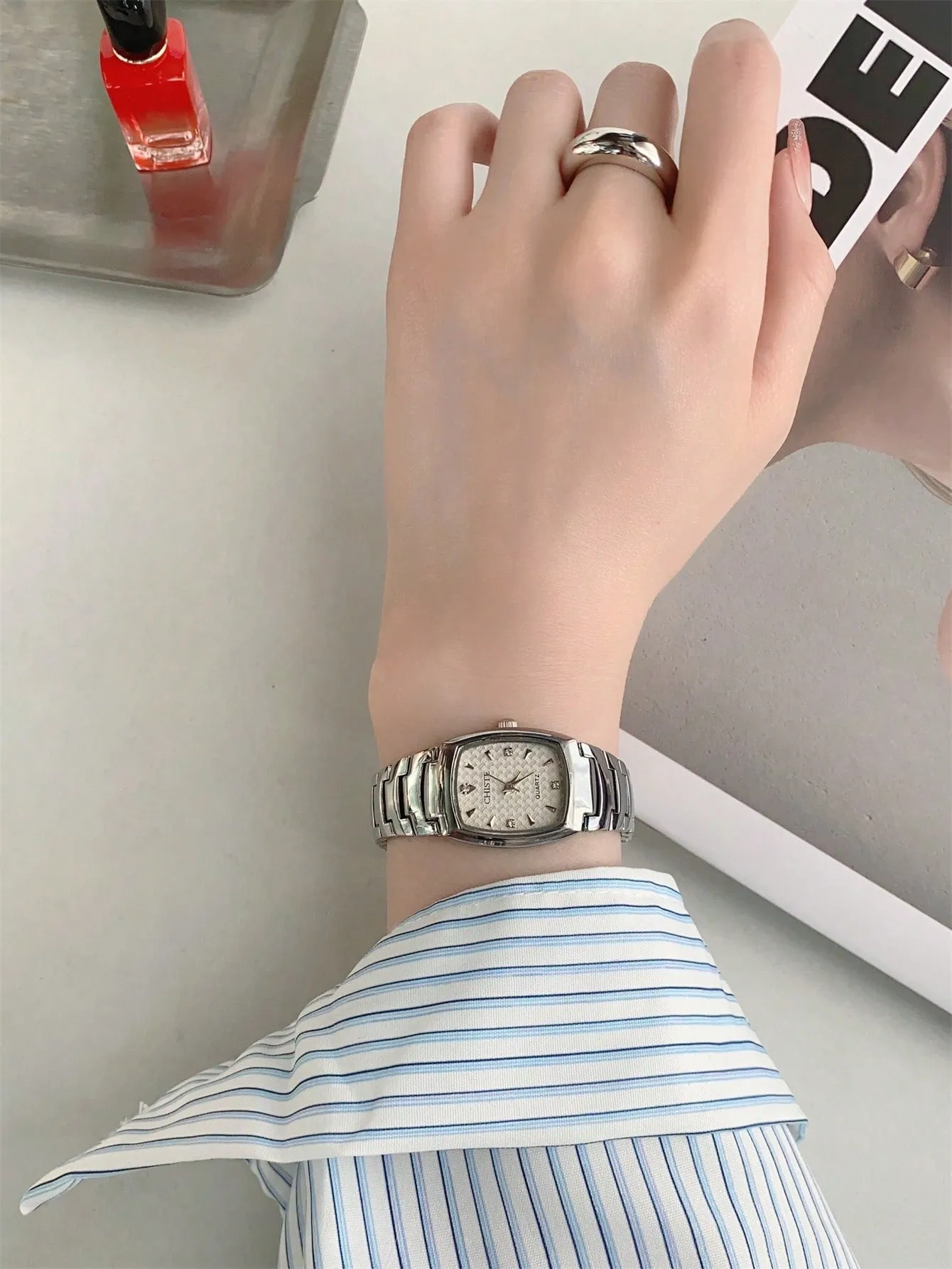 Rectangular Stainless Steel Strap White Dial Quartz Watch