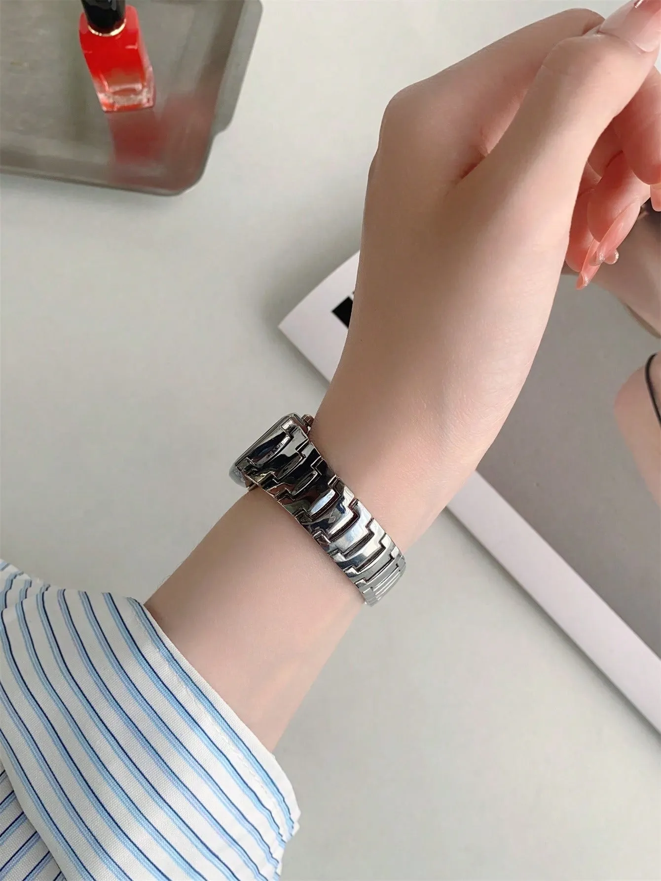 Rectangular Stainless Steel Strap White Dial Quartz Watch
