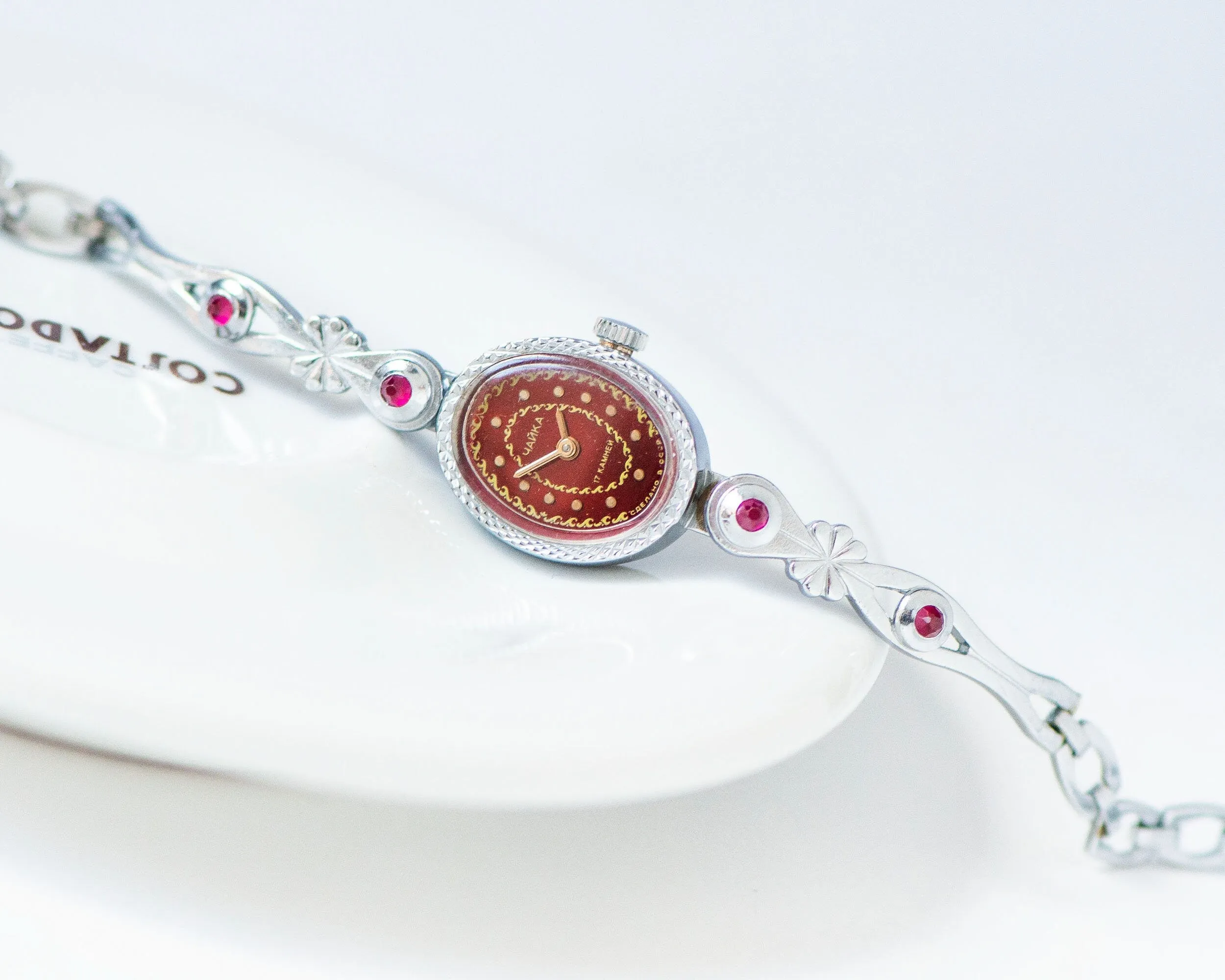 Red women cocktail watch Seagull, silver shade evening watch bracelet, oval dial lady watch small gift posh women watch floral jewelry lady