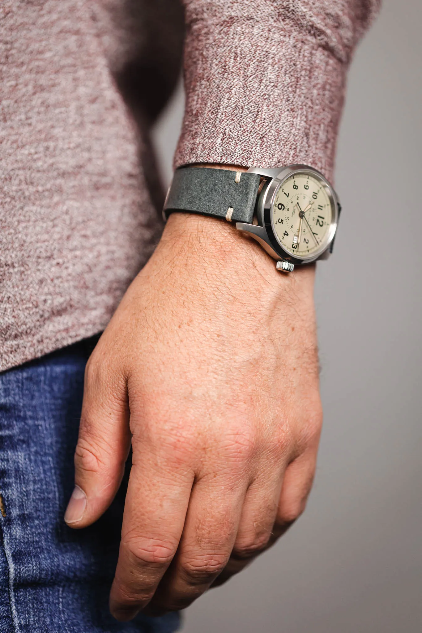 RIOS1931 BEDFORD Genuine Vintage Leather Watch Strap in STONE GREY