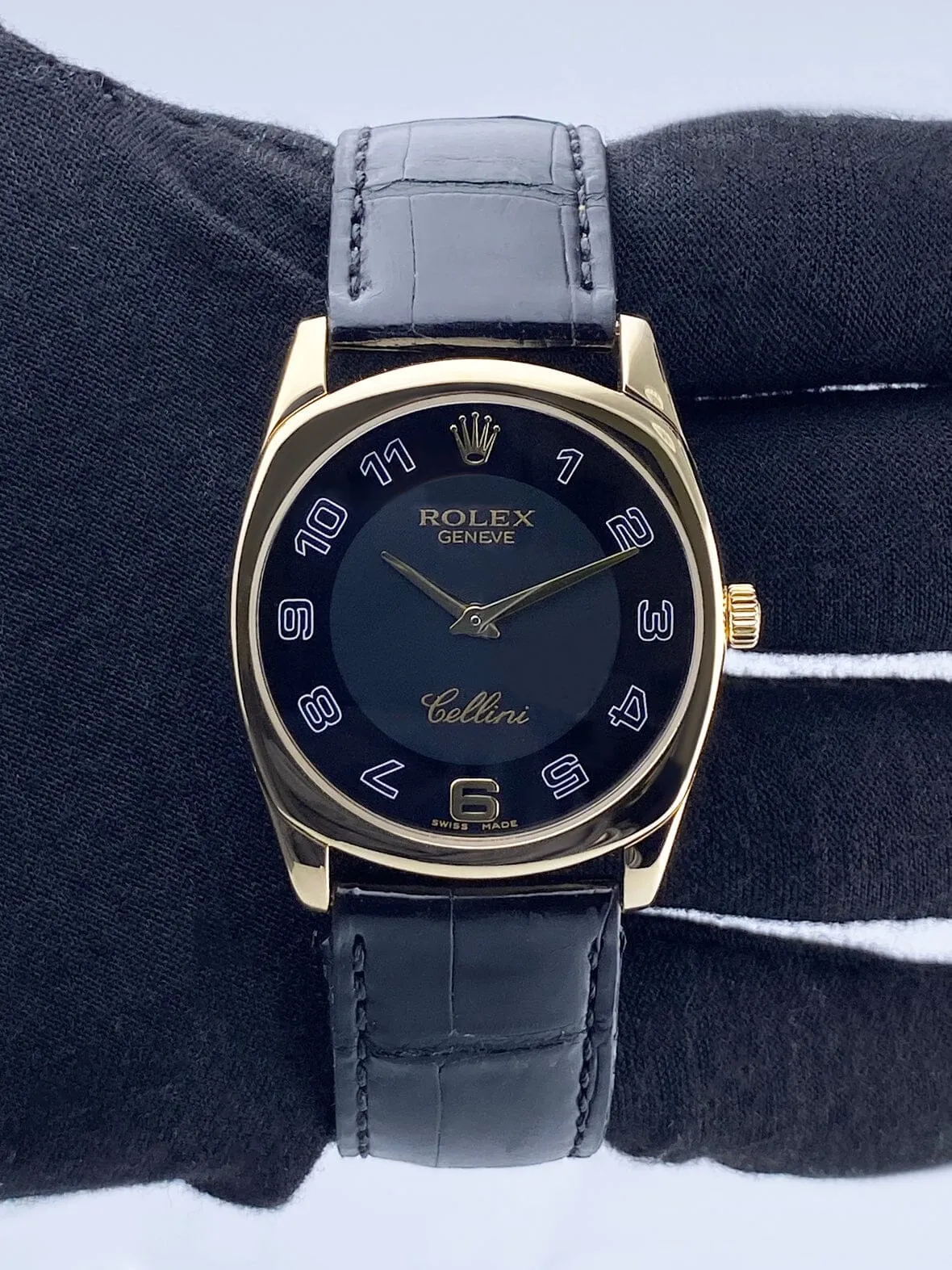 Rolex Cellini Danaos 4233/8 Black Dial 18K Yellow Gold Mens Watch Box Papers