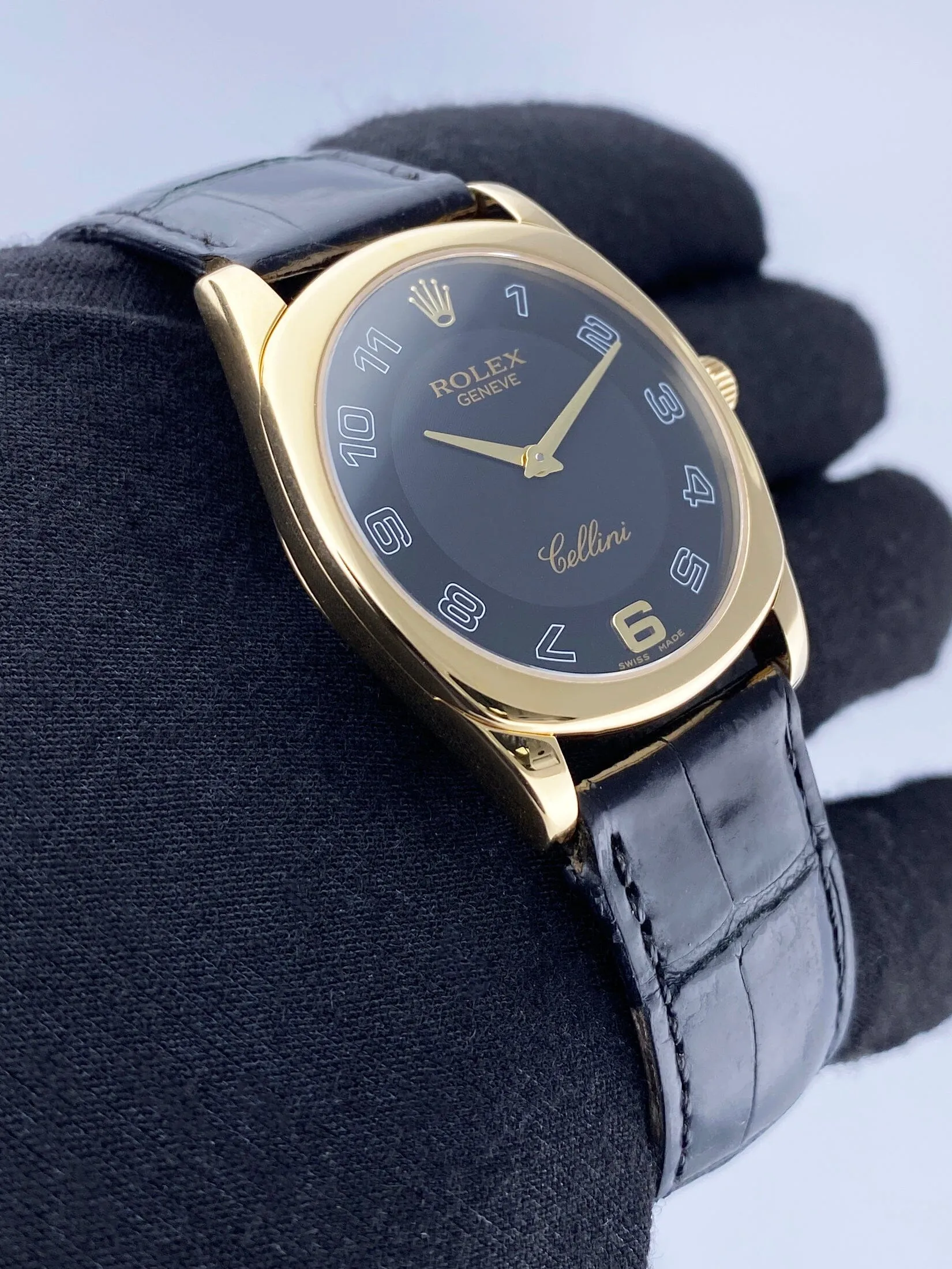 Rolex Cellini Danaos 4233/8 Black Dial 18K Yellow Gold Mens Watch Box Papers
