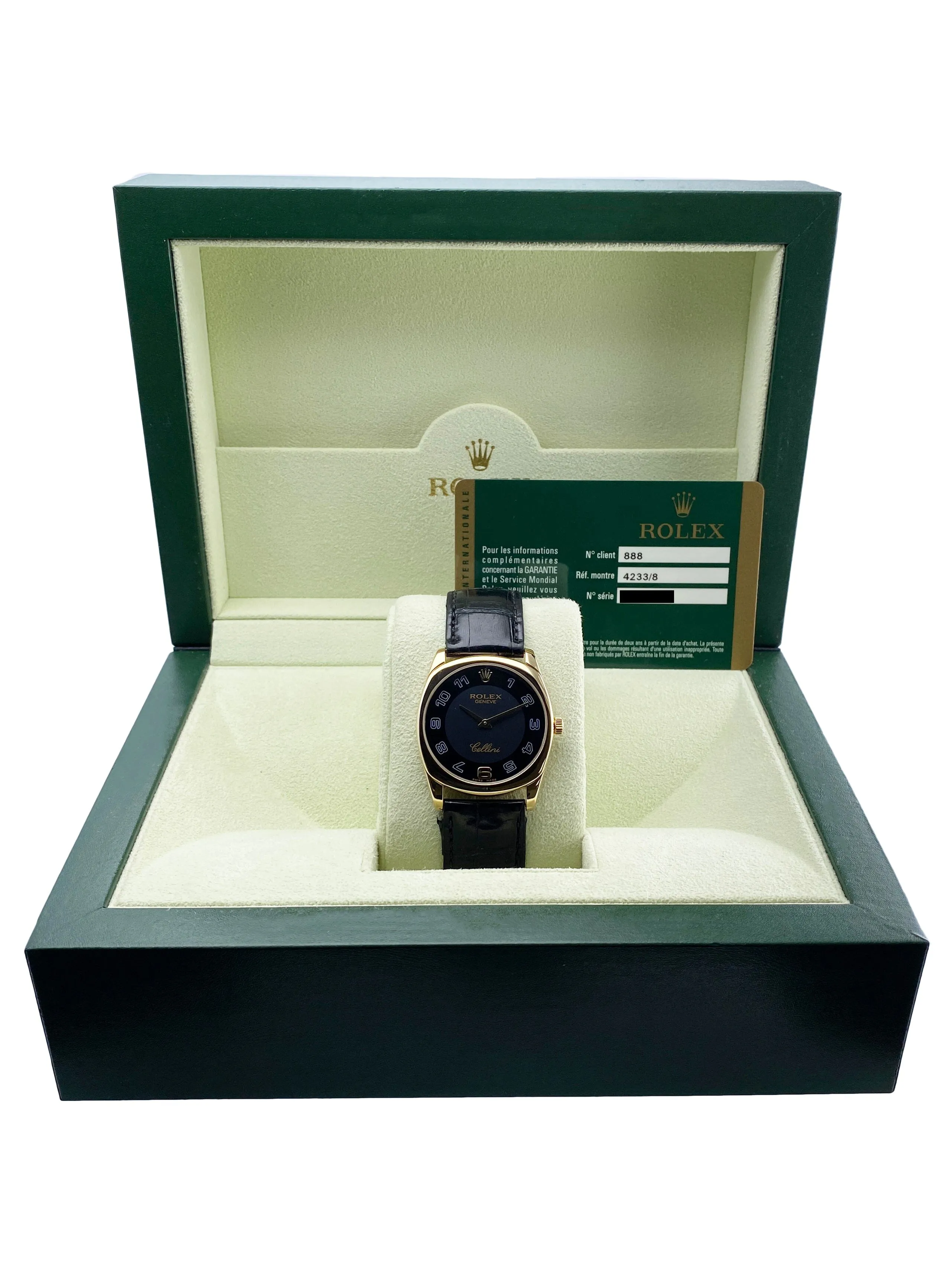 Rolex Cellini Danaos 4233/8 Black Dial 18K Yellow Gold Mens Watch Box Papers