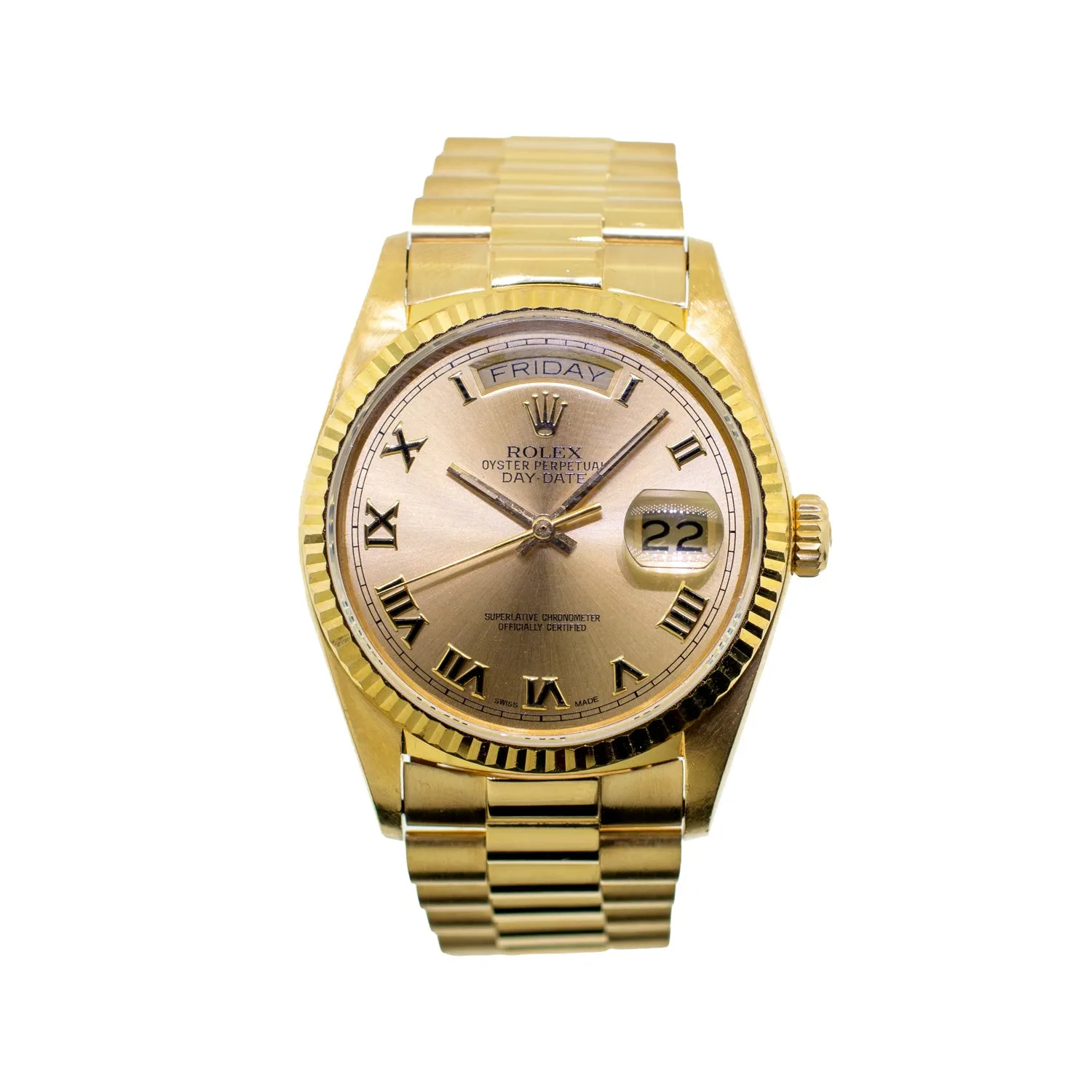 Rolex Day-Date 36mm Yellow Gold Champagne Roman Dial Fluted Bezel 18038