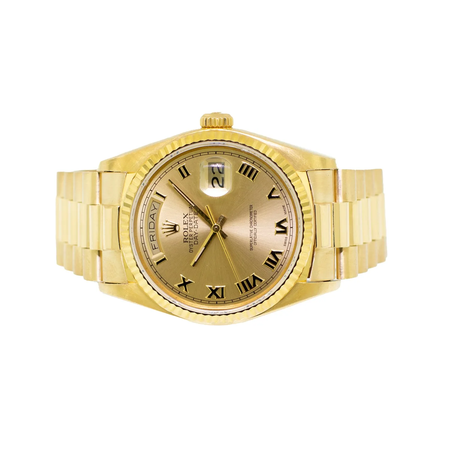Rolex Day-Date 36mm Yellow Gold Champagne Roman Dial Fluted Bezel 18038