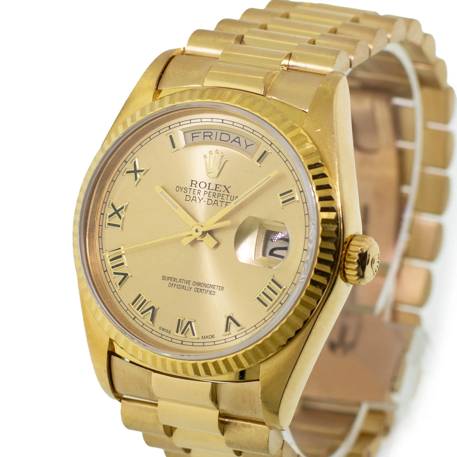 Rolex Day-Date 36mm Yellow Gold Champagne Roman Dial Fluted Bezel 18038