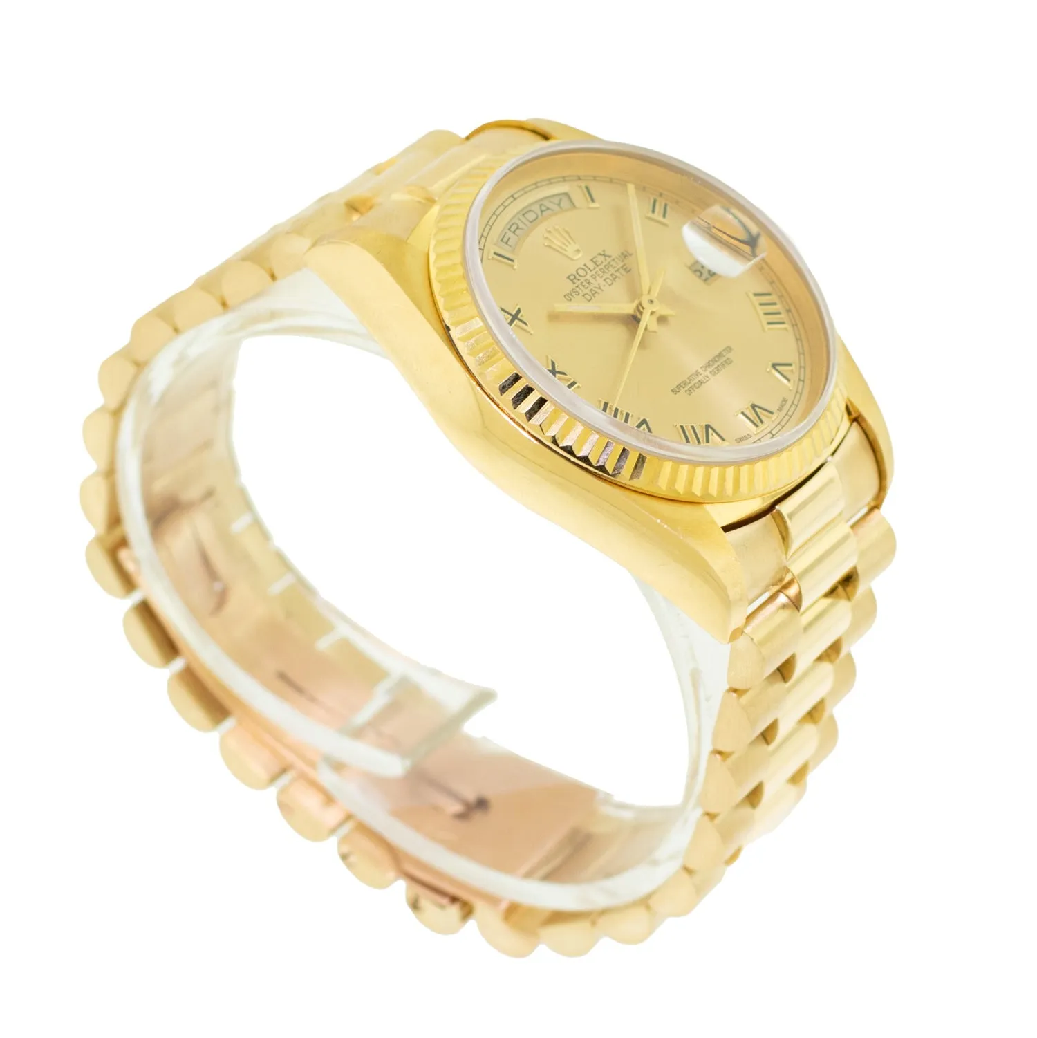 Rolex Day-Date 36mm Yellow Gold Champagne Roman Dial Fluted Bezel 18038