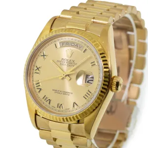 Rolex Day-Date 36mm Yellow Gold Champagne Roman Dial Fluted Bezel 18038