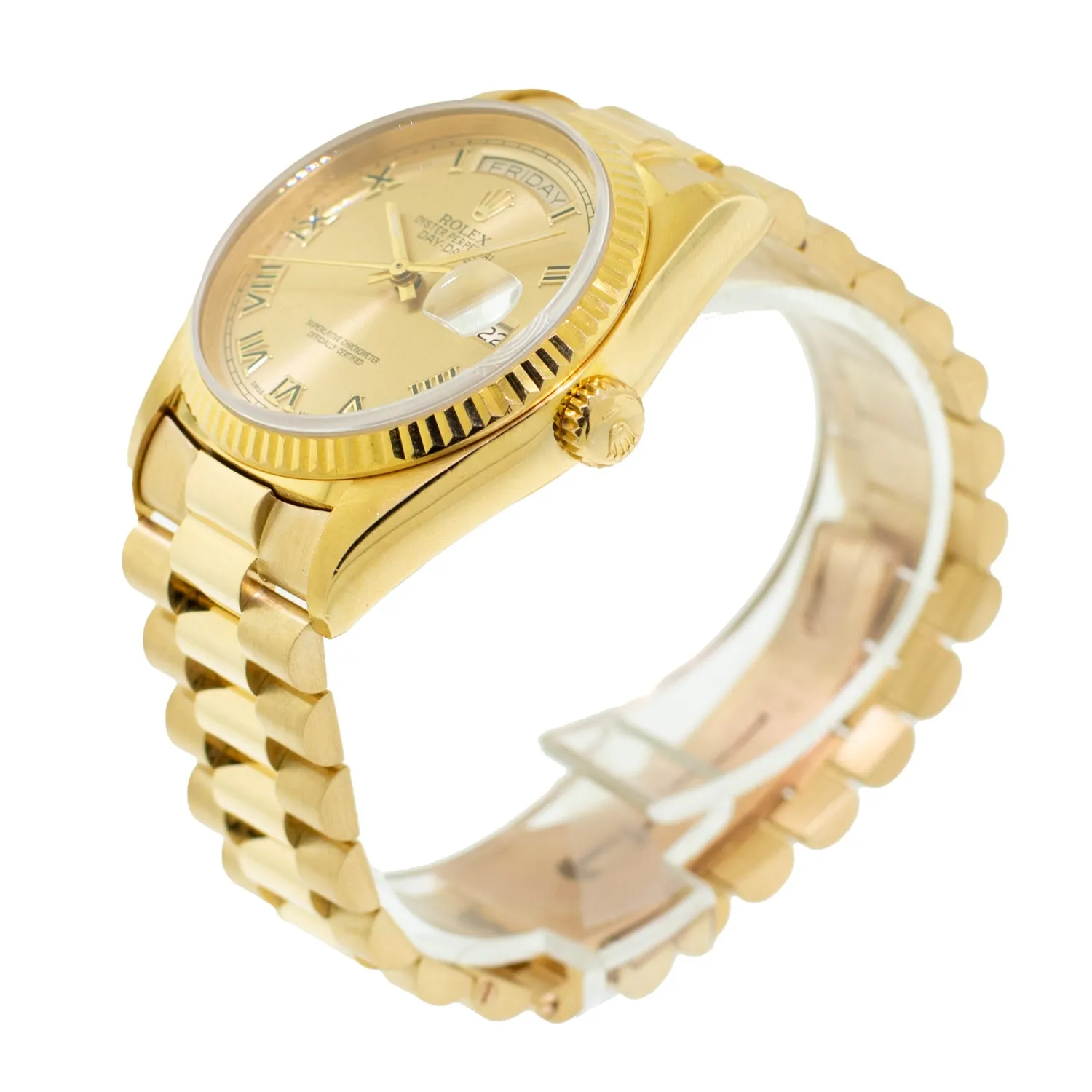 Rolex Day-Date 36mm Yellow Gold Champagne Roman Dial Fluted Bezel 18038