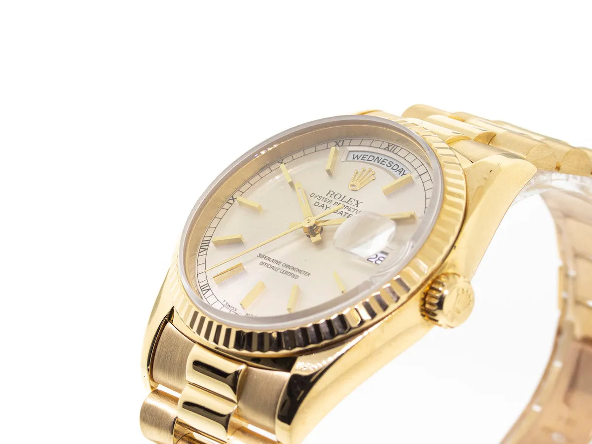 Rolex Day-Date 36mm Yellow Gold Silver Stick Dial & Fluted Bezel 18238