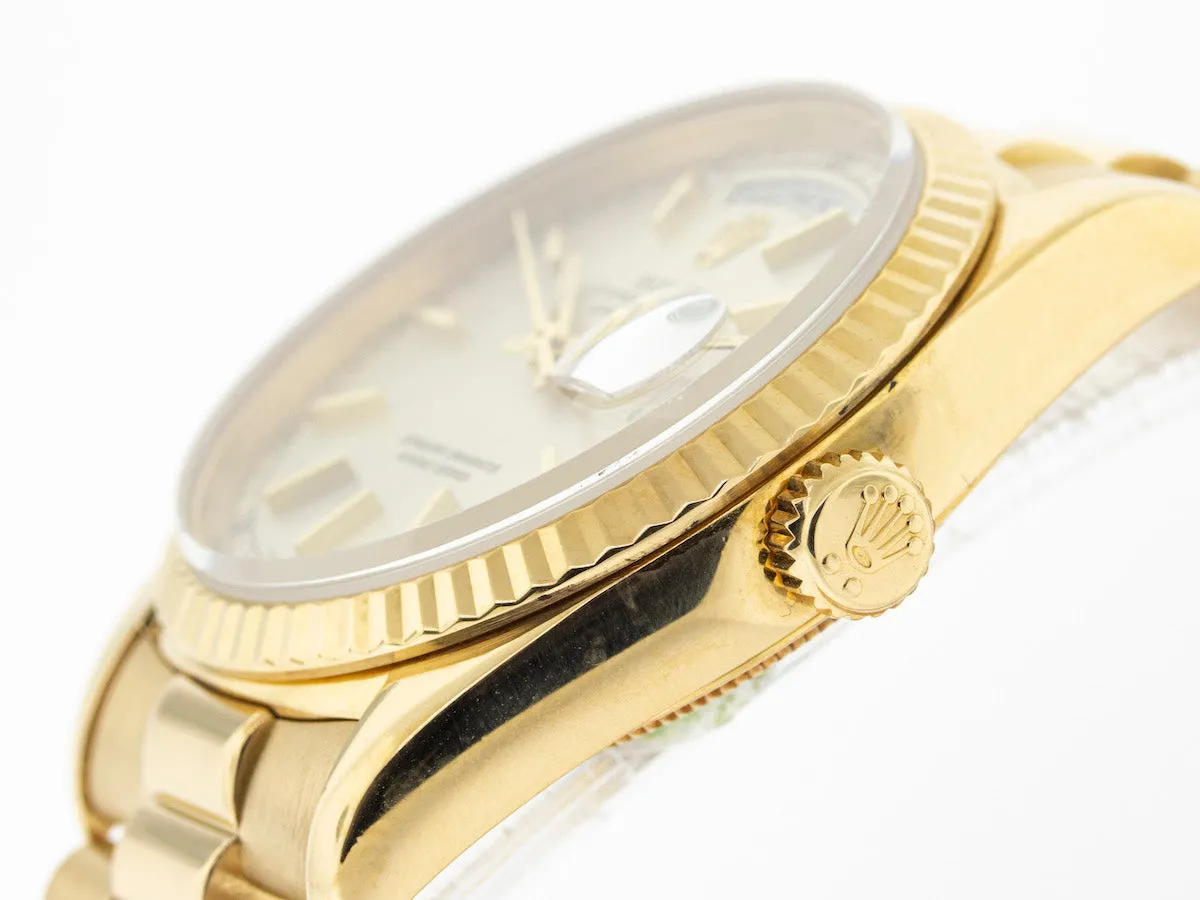 Rolex Day-Date 36mm Yellow Gold Silver Stick Dial & Fluted Bezel 18238