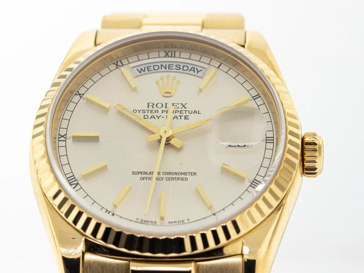 Rolex Day-Date 36mm Yellow Gold Silver Stick Dial & Fluted Bezel 18238