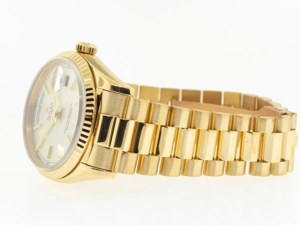 Rolex Day-Date 36mm Yellow Gold Silver Stick Dial & Fluted Bezel 18238