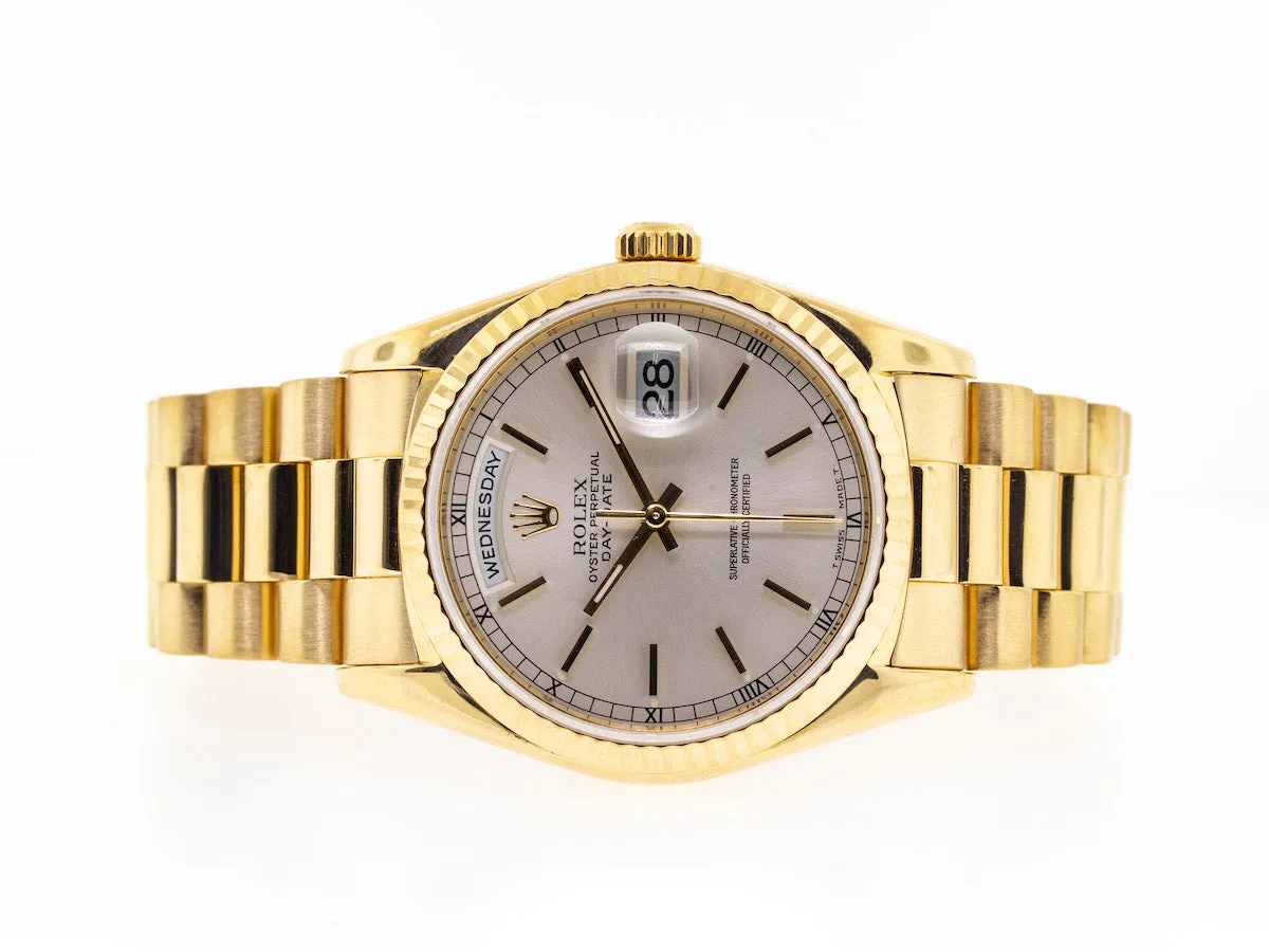 Rolex Day-Date 36mm Yellow Gold Silver Stick Dial & Fluted Bezel 18238