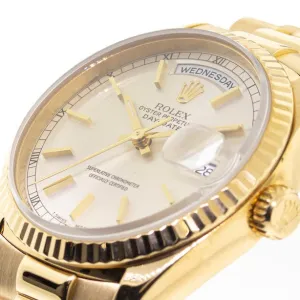 Rolex Day-Date 36mm Yellow Gold Silver Stick Dial & Fluted Bezel 18238