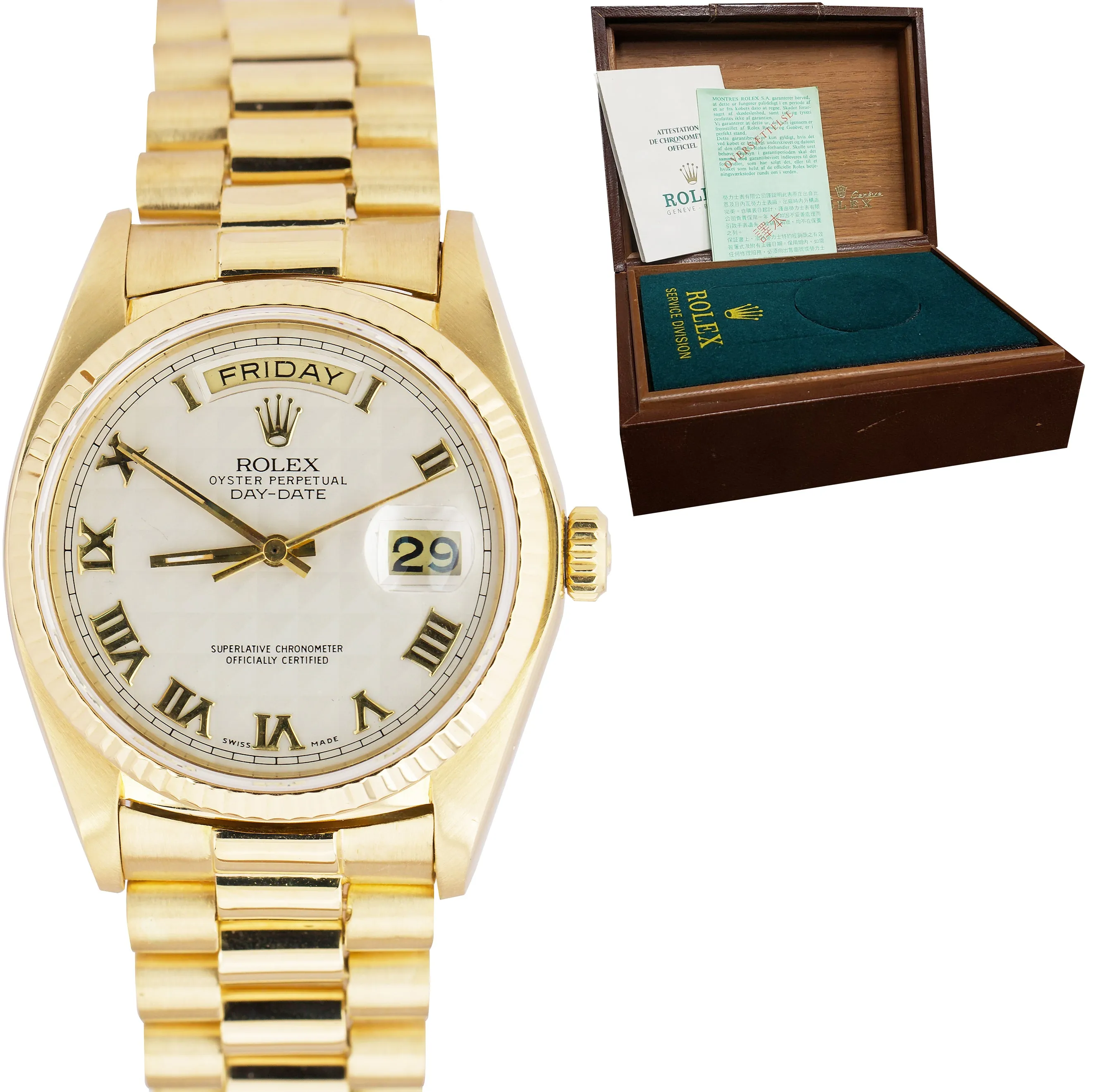Rolex Day-Date President Ivory Roman Pyramid 36mm 18K Yellow Gold Watch 18038