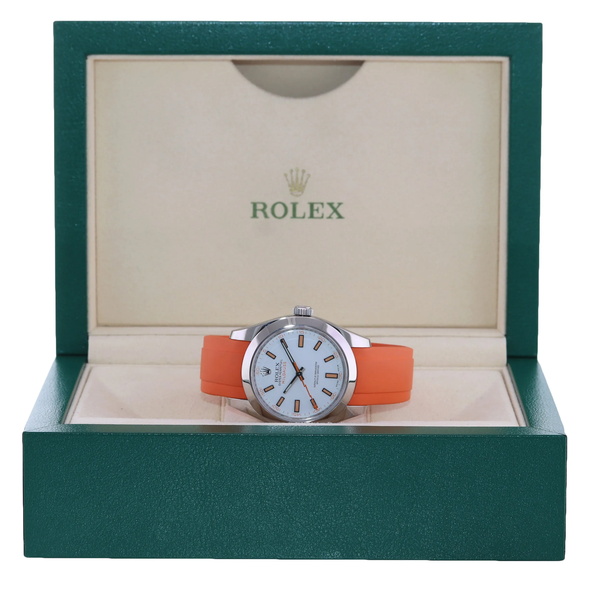 Rolex Milgauss 116400 White Orange 40mm Steel Anti-Magnetic Watch Box