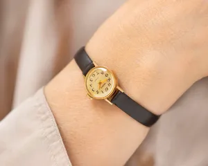 Sandy women watch Seagull gold plated, vintage minimalist girl wristwatch Arabic numerals, delicate lady accessory, new premium leather band