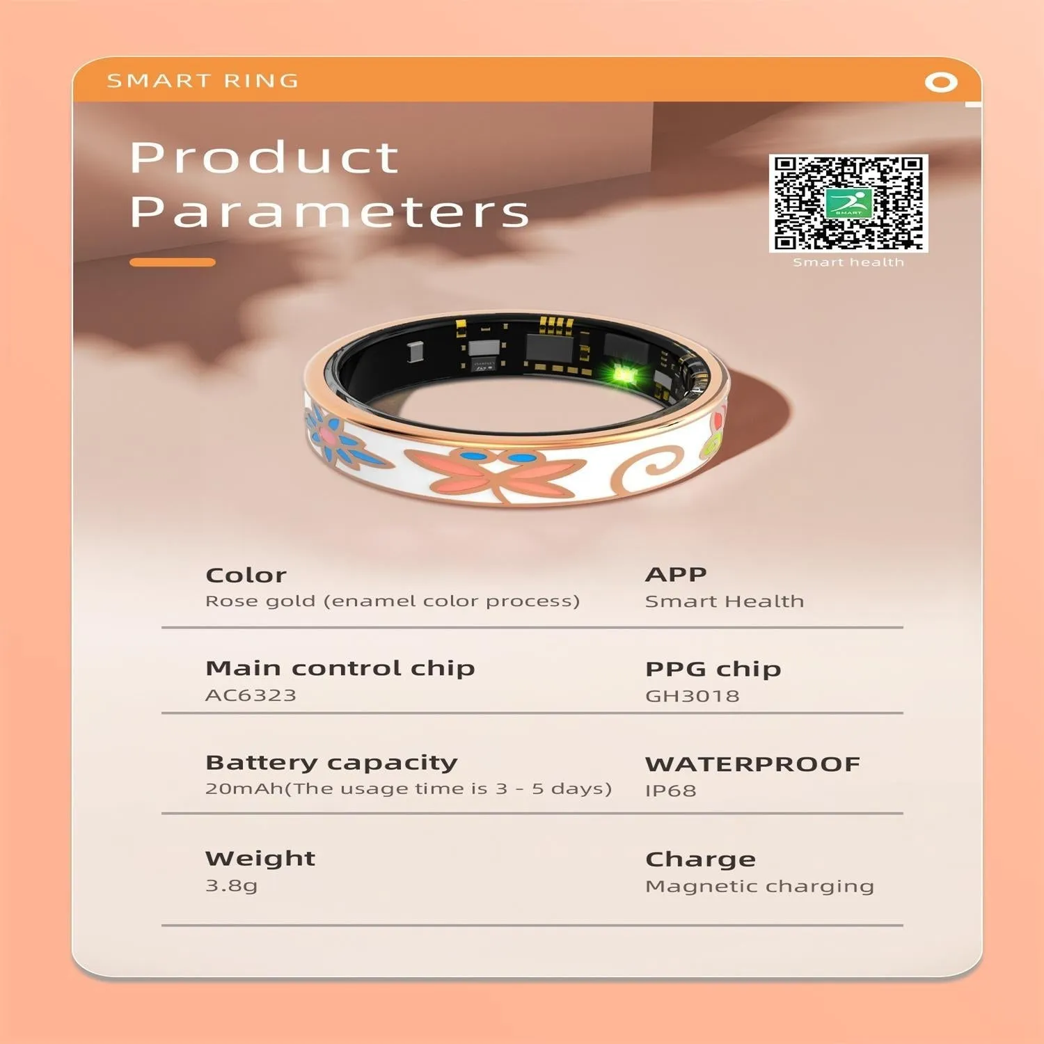 Smart Ring Size 6 Heart Rate Blood Oxygen Sleep Family Care Rose Gold