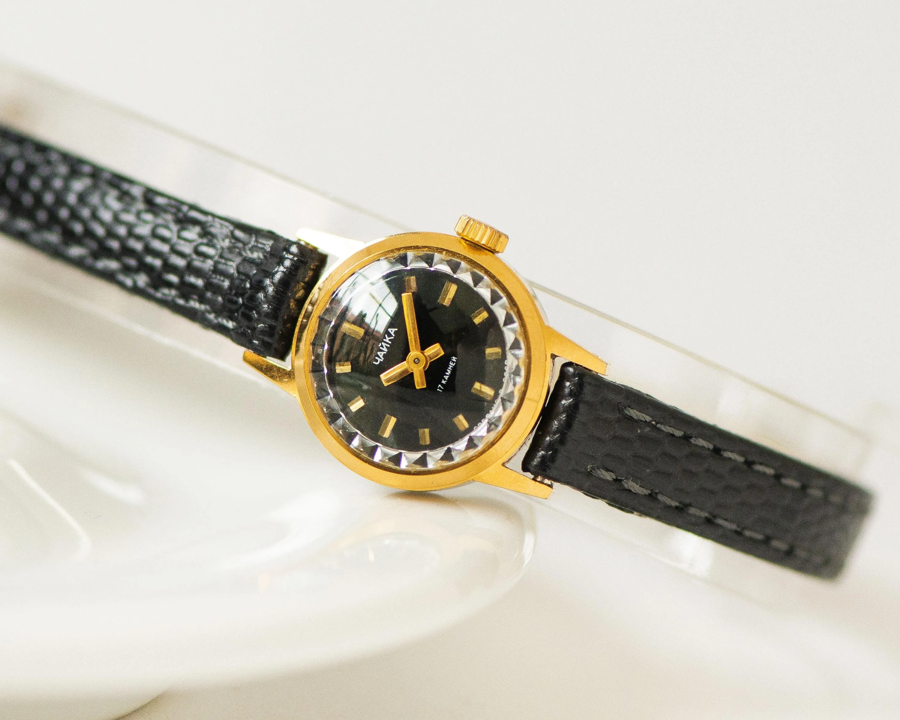 Very rare black dial women's watch Seagull gold plated gift, vintage tiny lady jewelry watch dainty accessory, premium leather strap new