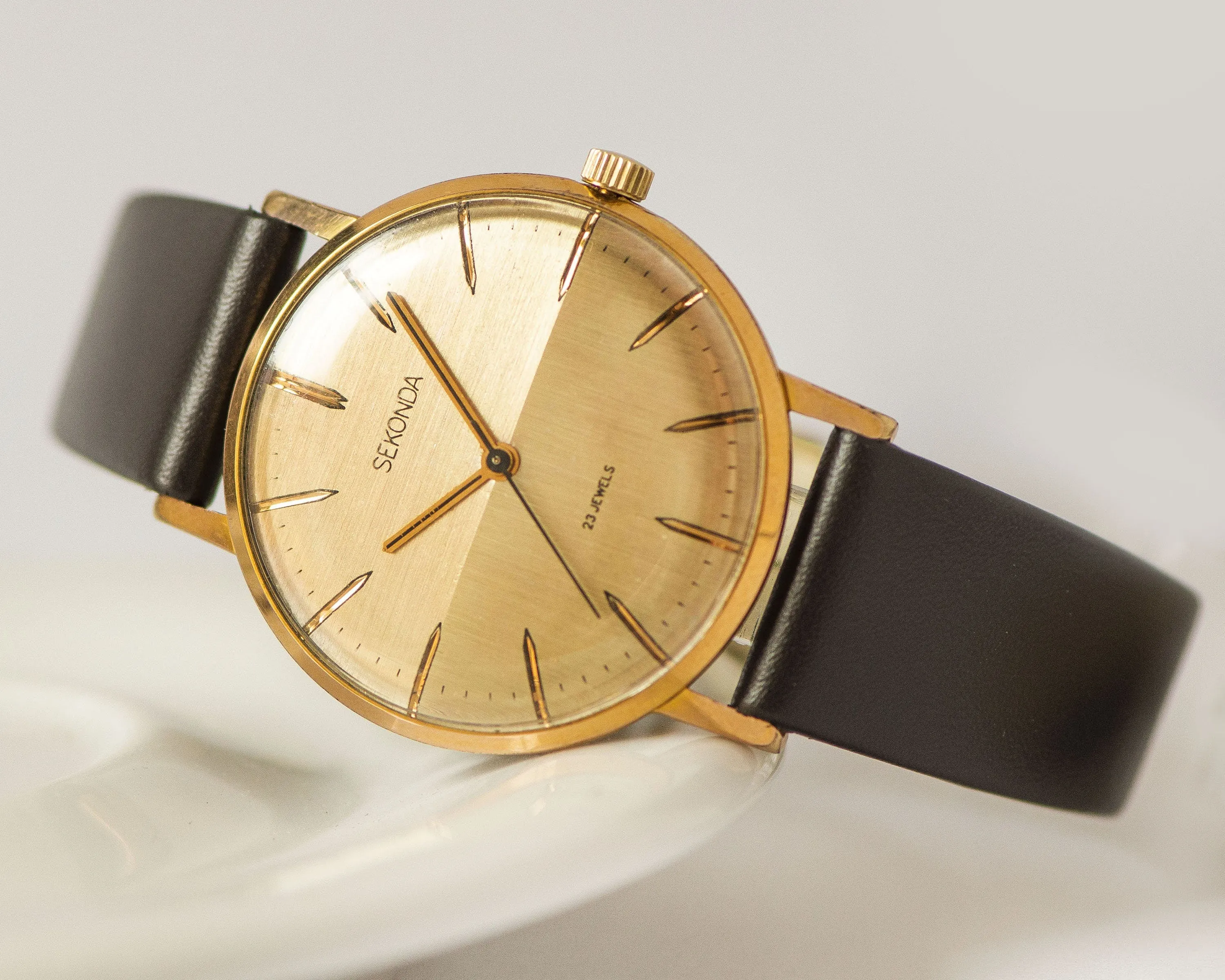 Vintage men's wristwatch Sekonda, demilune effect face watch gold plated, sleek men gent watch minimalist gift, new premium leather strap