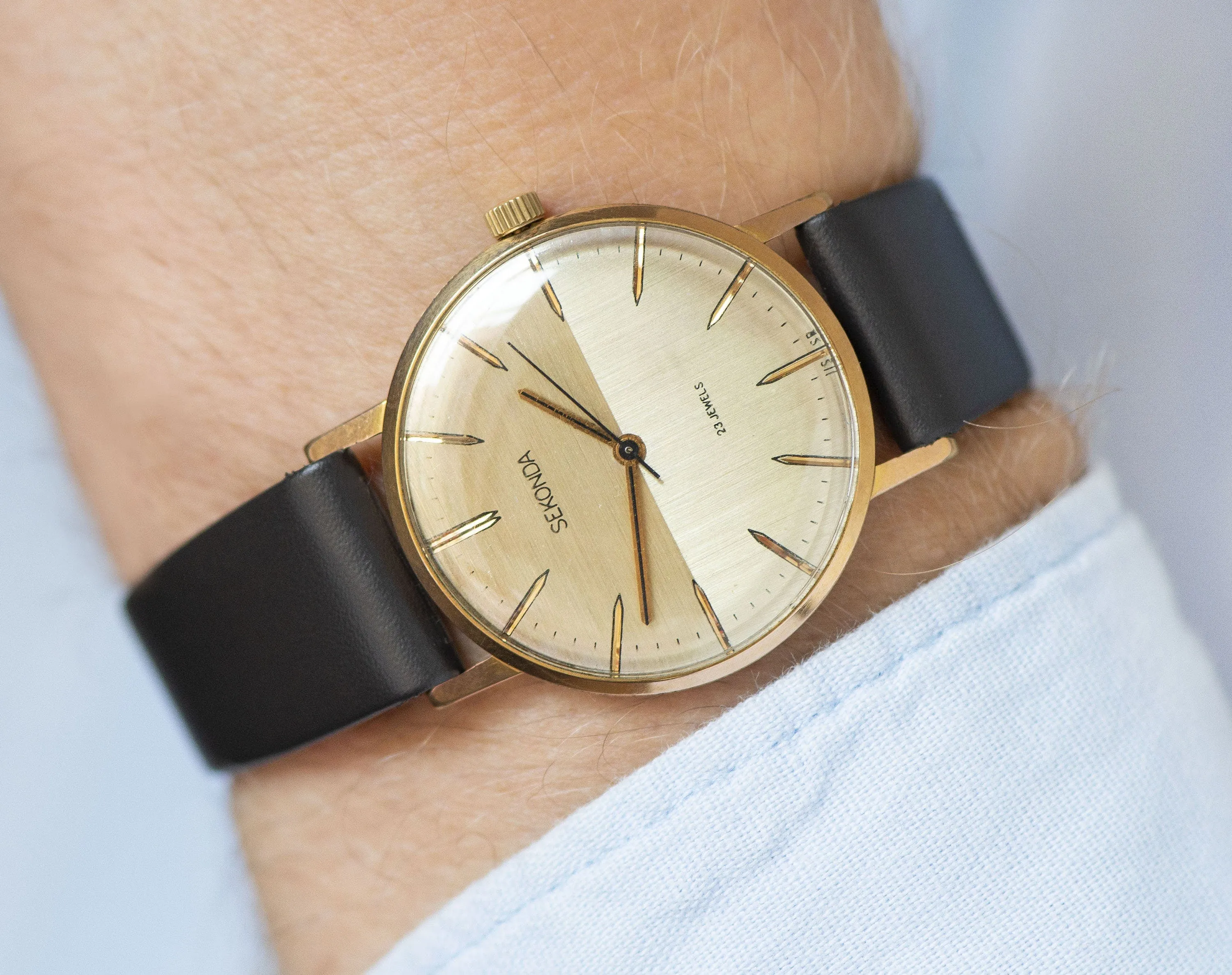 Vintage men's wristwatch Sekonda, demilune effect face watch gold plated, sleek men gent watch minimalist gift, new premium leather strap