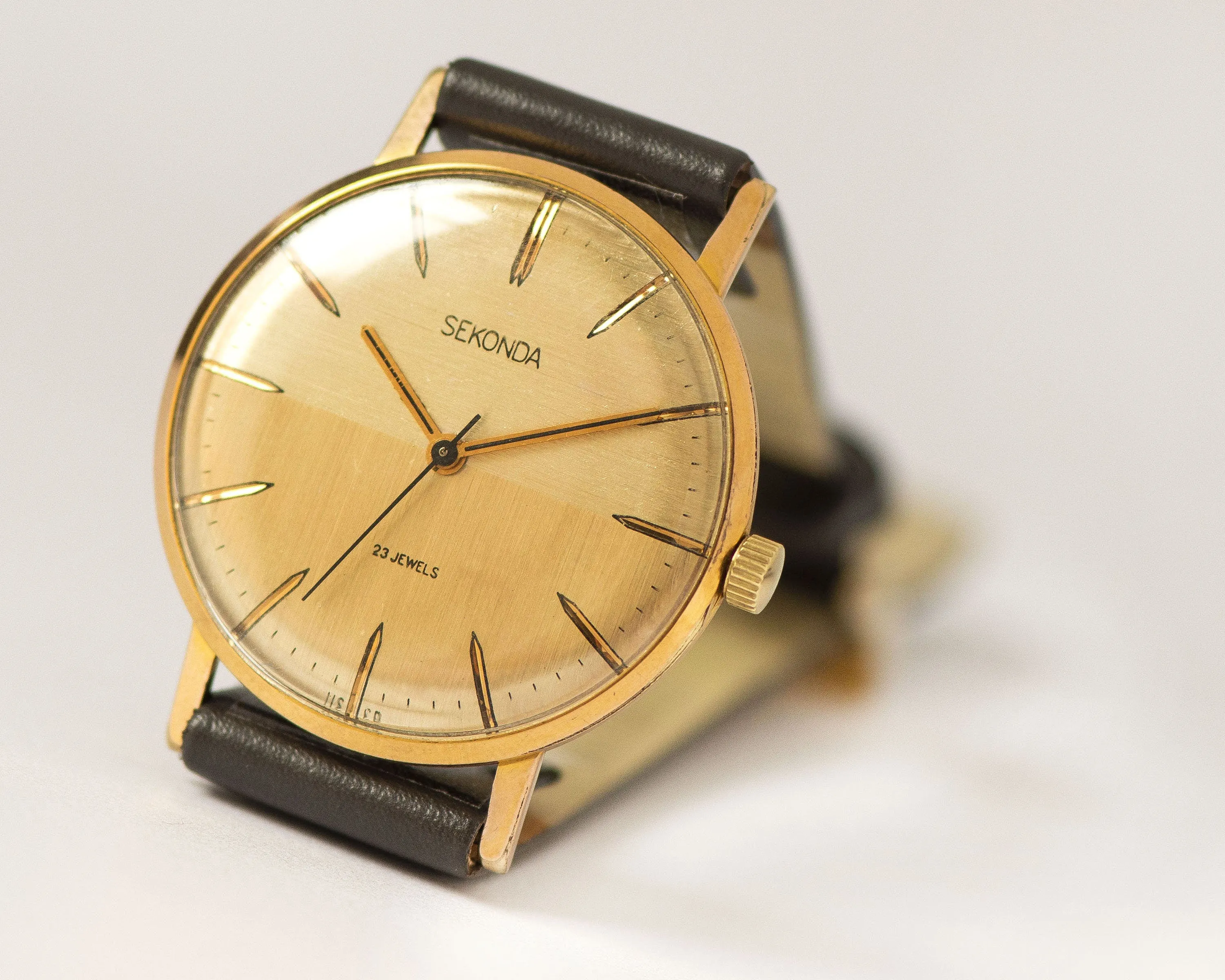 Vintage men's wristwatch Sekonda, demilune effect face watch gold plated, sleek men gent watch minimalist gift, new premium leather strap