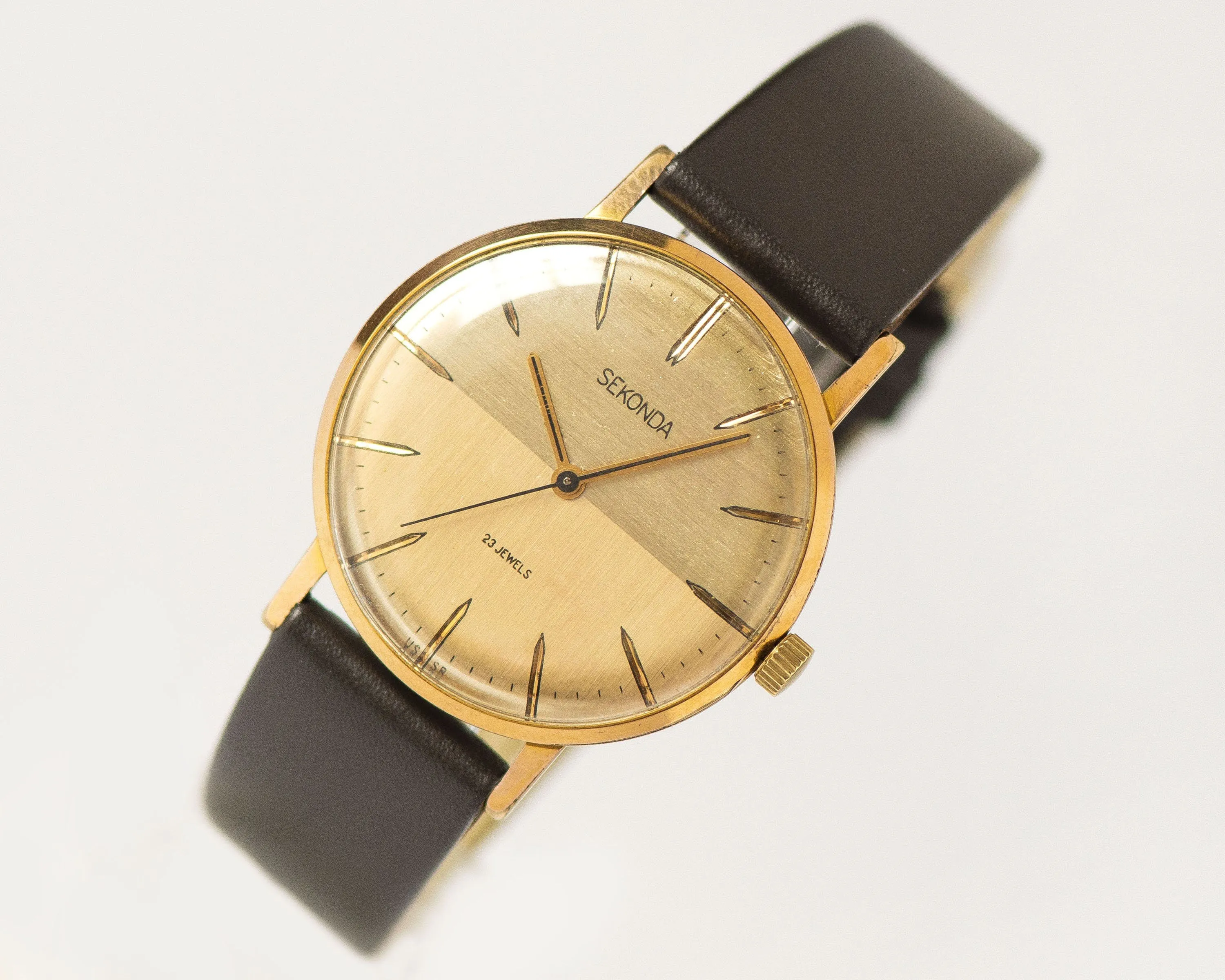Vintage men's wristwatch Sekonda, demilune effect face watch gold plated, sleek men gent watch minimalist gift, new premium leather strap