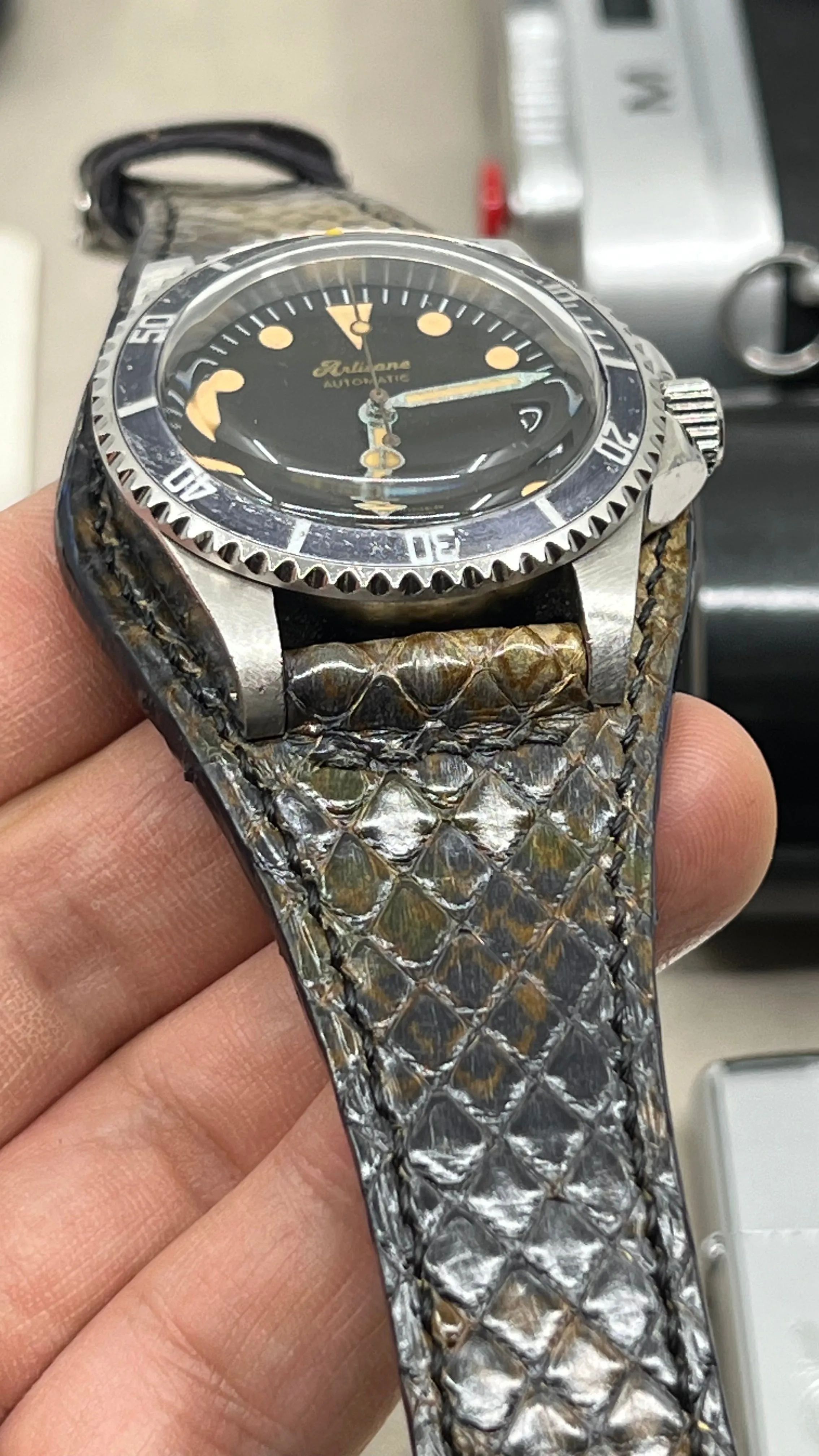 Watch Strap 20mm, bund Style Watch strap, 19mm Wristwatch Band, python materials watchstrap, Cuff Watch strap, Black Brown watch band Replacement