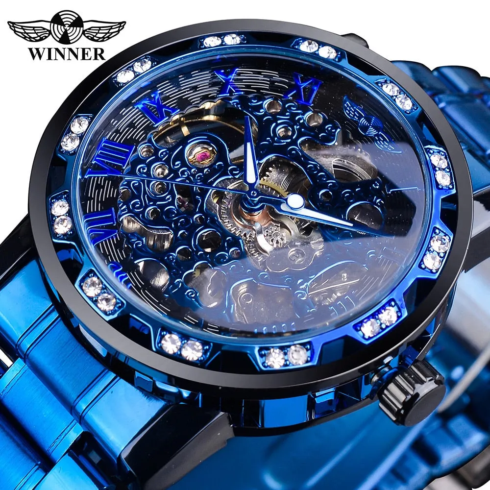 Winner Golden Watch | Classic Rhinestone Clock | Roman Analog Male Skeleton Clocks Mechanical Stainless Steel Band Luminous Watch