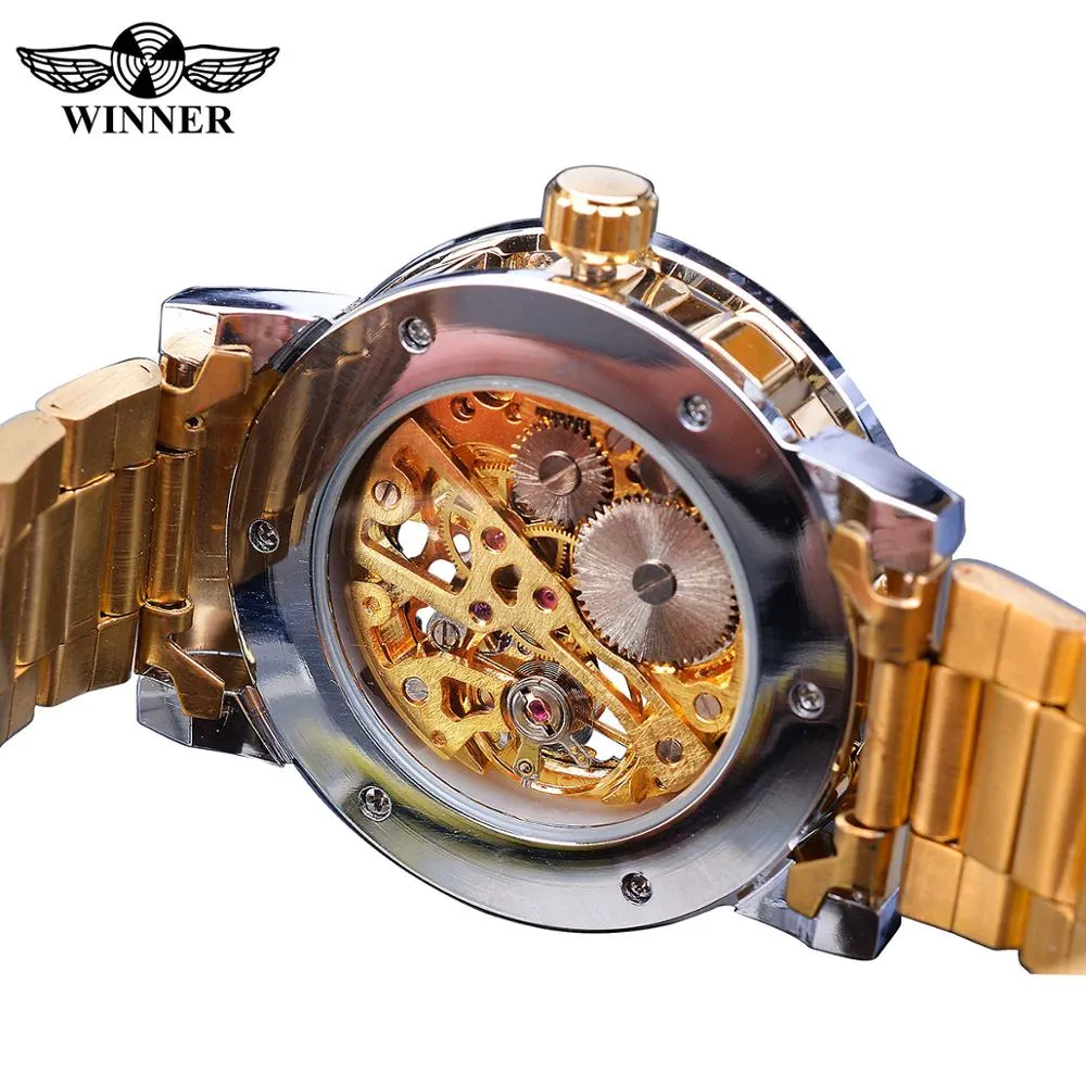 Winner Golden Watch | Classic Rhinestone Clock | Roman Analog Male Skeleton Clocks Mechanical Stainless Steel Band Luminous Watch
