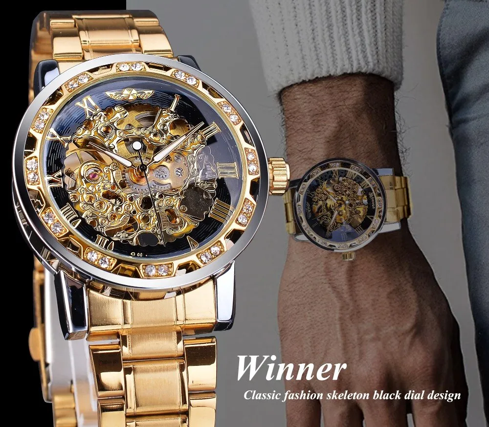 Winner Golden Watch | Classic Rhinestone Clock | Roman Analog Male Skeleton Clocks Mechanical Stainless Steel Band Luminous Watch