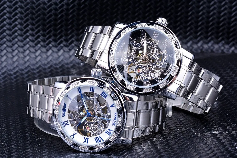 Winner Golden Watch | Classic Rhinestone Clock | Roman Analog Male Skeleton Clocks Mechanical Stainless Steel Band Luminous Watch
