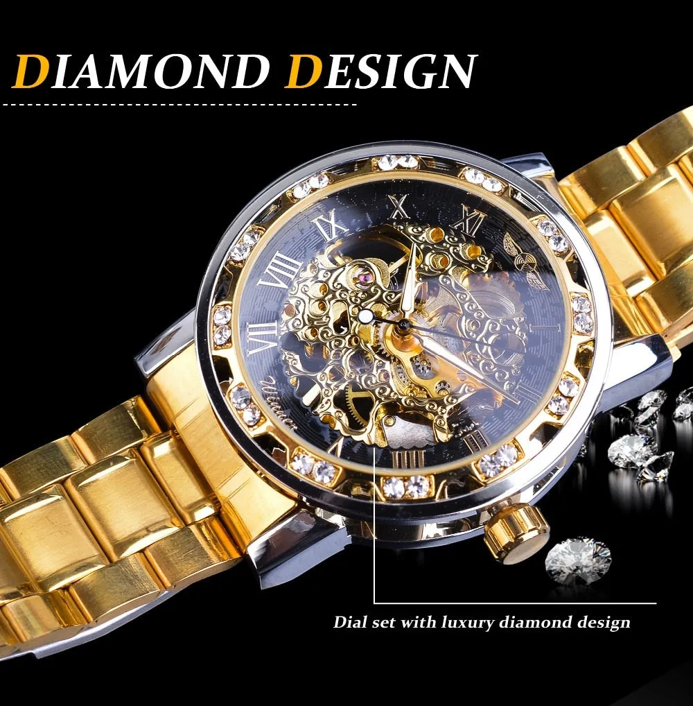 Winner Golden Watch | Classic Rhinestone Clock | Roman Analog Male Skeleton Clocks Mechanical Stainless Steel Band Luminous Watch