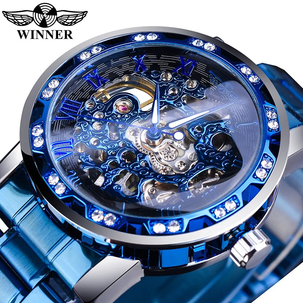 Winner Golden Watch | Classic Rhinestone Clock | Roman Analog Male Skeleton Clocks Mechanical Stainless Steel Band Luminous Watch