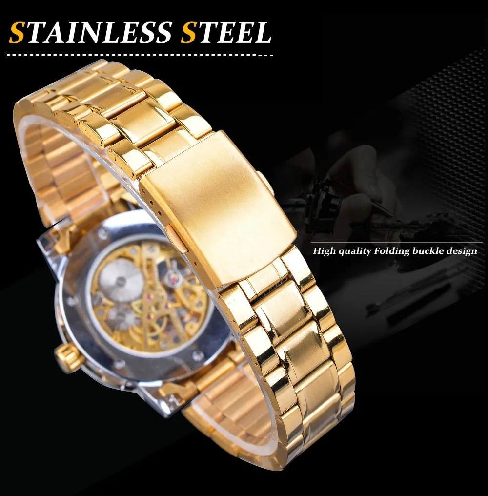 Winner Golden Watch | Classic Rhinestone Clock | Roman Analog Male Skeleton Clocks Mechanical Stainless Steel Band Luminous Watch